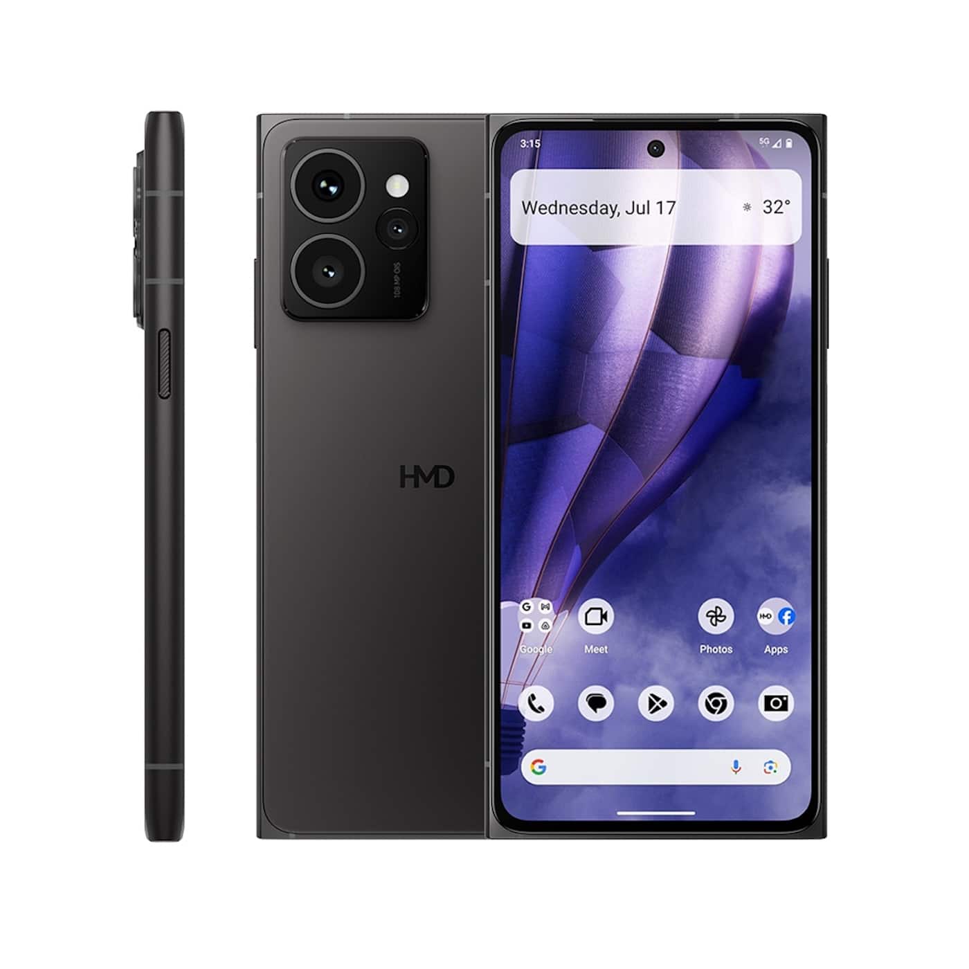 The text on the image reads: "2:15 5G A i Wednesday, Jul 17 32° 108° HMD HMD Global Google Meet Photos Apps."