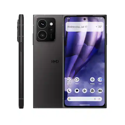 The text on the image reads: "2:15 5G A i Wednesday, Jul 17 32° 108° HMD HMD Global Google Meet Photos Apps."