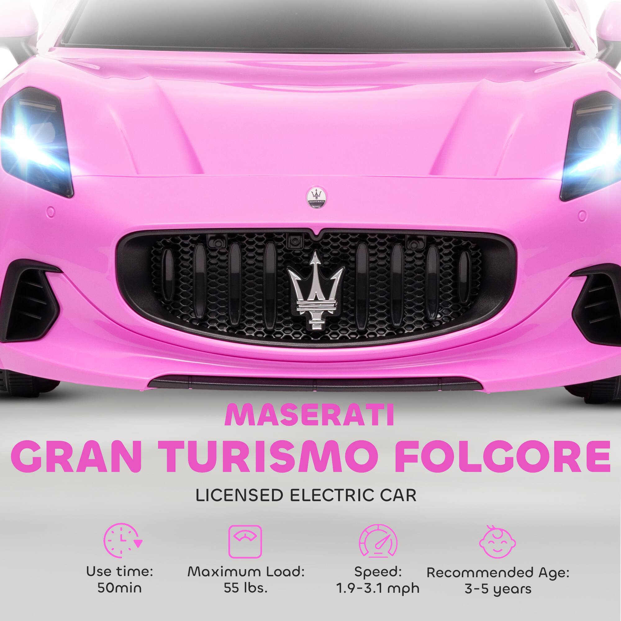 MASERATI  
GRAN TURISMO FOLGORE  
LICENSED ELECTRIC CAR  

Use time: 50min  
Maximum Load: 55 lbs.  
Speed: 1.9-3.1 mph  
Recommended Age: 3-5 years