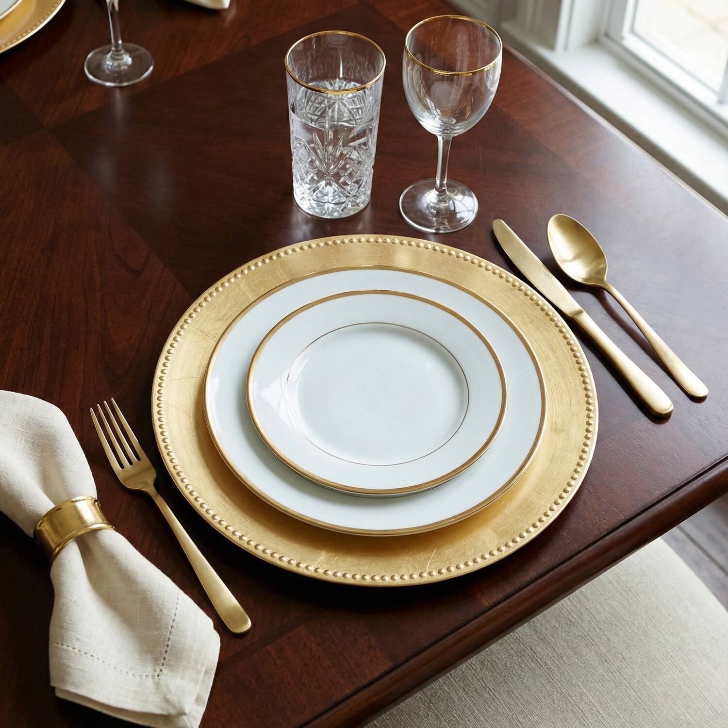 Left. American Atelier - Gold Round Beaded Charger Plate Set- 12 Pieces - Gold.