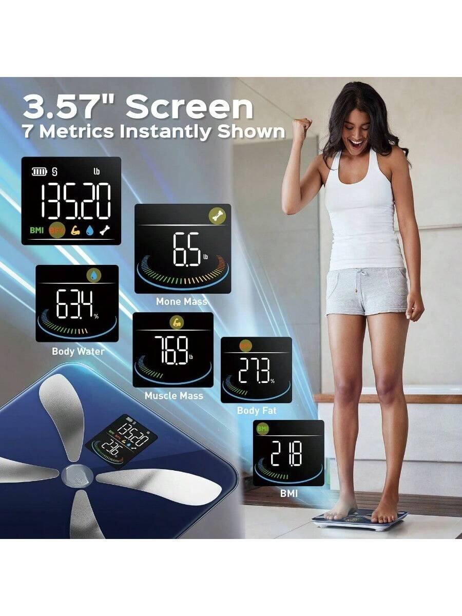 3.57" Screen  
7 Metrics Instantly Shown  

135.20 lb  
BMI 23  

63.4% Body Water  

65.0 lb Bone Mass  

76.9 lb Muscle Mass  

27.3% Body Fat  

2.18 BMI