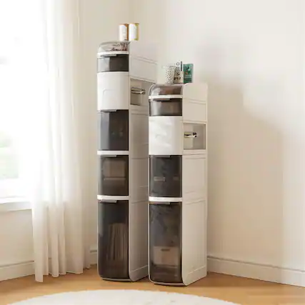 Front. Pefilos - 5-Tier Narrow Bathroom Storage Cabinet, Drawers Tissue Box, Waterproof Plastic, White - White.
