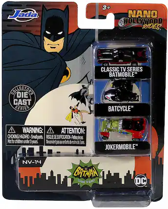 Jada 3+ NANO HOLLYWOOD RIDES. CLASSIC TV SERIES BATMOBILE BOLLECTORE DIE CAST SERIES BATCYCLE ! WARNING: ! ATTENTION: CHOKING HAZARD-Small parts. RISQUE DE SUFFOCATION-Petites pièces. Not for children under 3 years. Ne convient pas aux enfants de moins de 3 ans. JOKERMOBILE NV-14 BATMAN CLASSIC TV SERIES DC