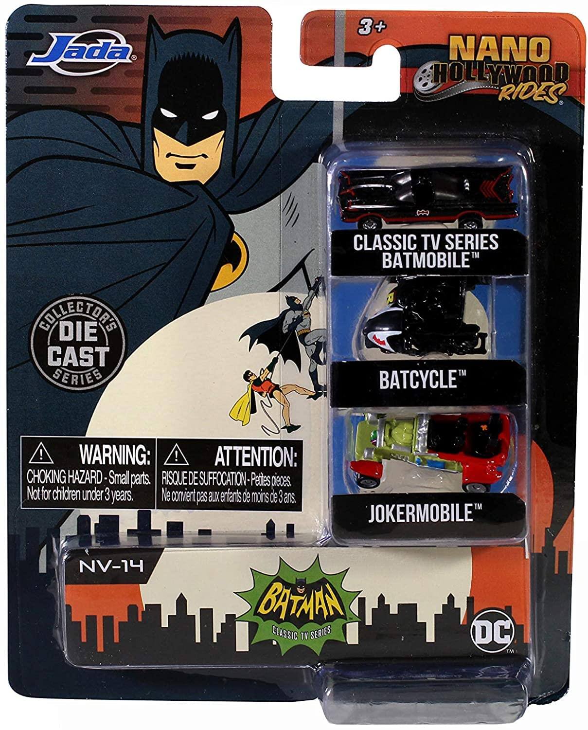 Jada 3+ NANO HOLLYWOOD RIDES. CLASSIC TV SERIES BATMOBILE BOLLECTORE DIE CAST SERIES BATCYCLE ! WARNING: ! ATTENTION: CHOKING HAZARD-Small parts. RISQUE DE SUFFOCATION-Petites pièces. Not for children under 3 years. Ne convient pas aux enfants de moins de 3 ans. JOKERMOBILE NV-14 BATMAN CLASSIC TV SERIES DC
