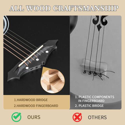ALL WOOD CRAFTSMANSHIP

1. HARDWOOD BRIDGE
2. HARDWOOD FINGERBOARD

1. PLASTIC COMPONENTS IN FINGERBOARD
2. PLASTIC BRIDGE

OURS
OTHERS