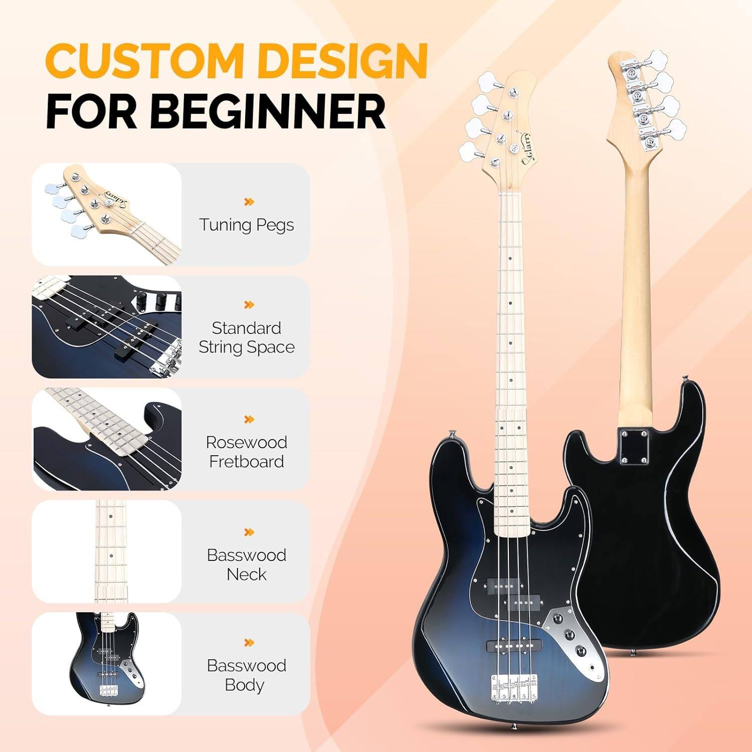 CUSTOM DESIGN FOR BEGINNER  
- Tuning Pegs  
- Standard String Space  
- Rosewood Fretboard  
- Basswood Neck  
- Basswood Body