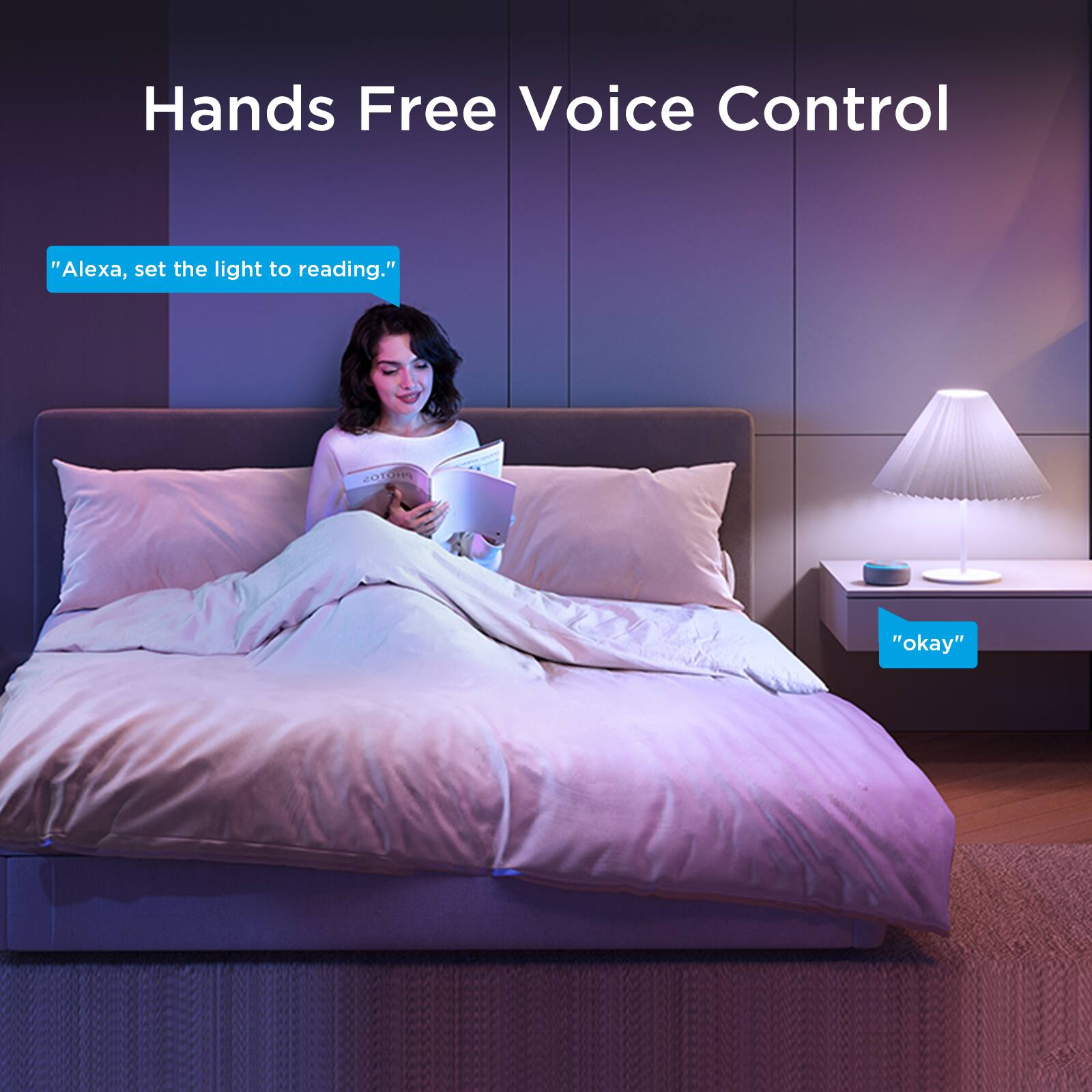 Hands Free Voice Control "Alexa, set the light to reading." "okay"