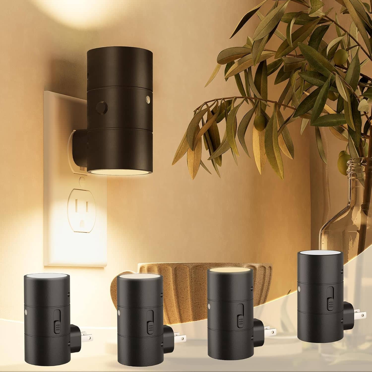 FINEAK - Night Lights Plug into Wall 4 Pack, Dimmable with 3 Color Modes & Auto On/Off Sensor - Black
