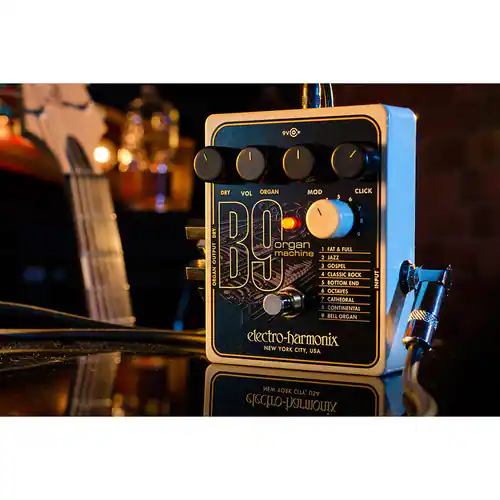 Sure, here is the corrected and grouped text from the image:

---

**RC Organ Machine**

- **VOL**
- **DRY**
- **ORGAN**
- **MOD**
- **CLICK**
- **DET**
- **ORGAN OUTPUT**
- **BE**
- **FAT**
- **GOSPEL**
- **CLASSIC**
- **BOTTOM**
- **JAZZ**
- **PULL**
- **BOCK**
- **END**
- **INPUT**
- **4 OCTAVES**
- **7 CATHEDRAL**
- **a CONTINENTAL**
- **+ BELL**
- **OEGAN**

**electro-harmonix**

**NEW YORK CITY, USA**

**MADE IN USA**

**RC-ORGAN MACHINE**

---

This text is organized based on the labels and controls visible on the pedal.