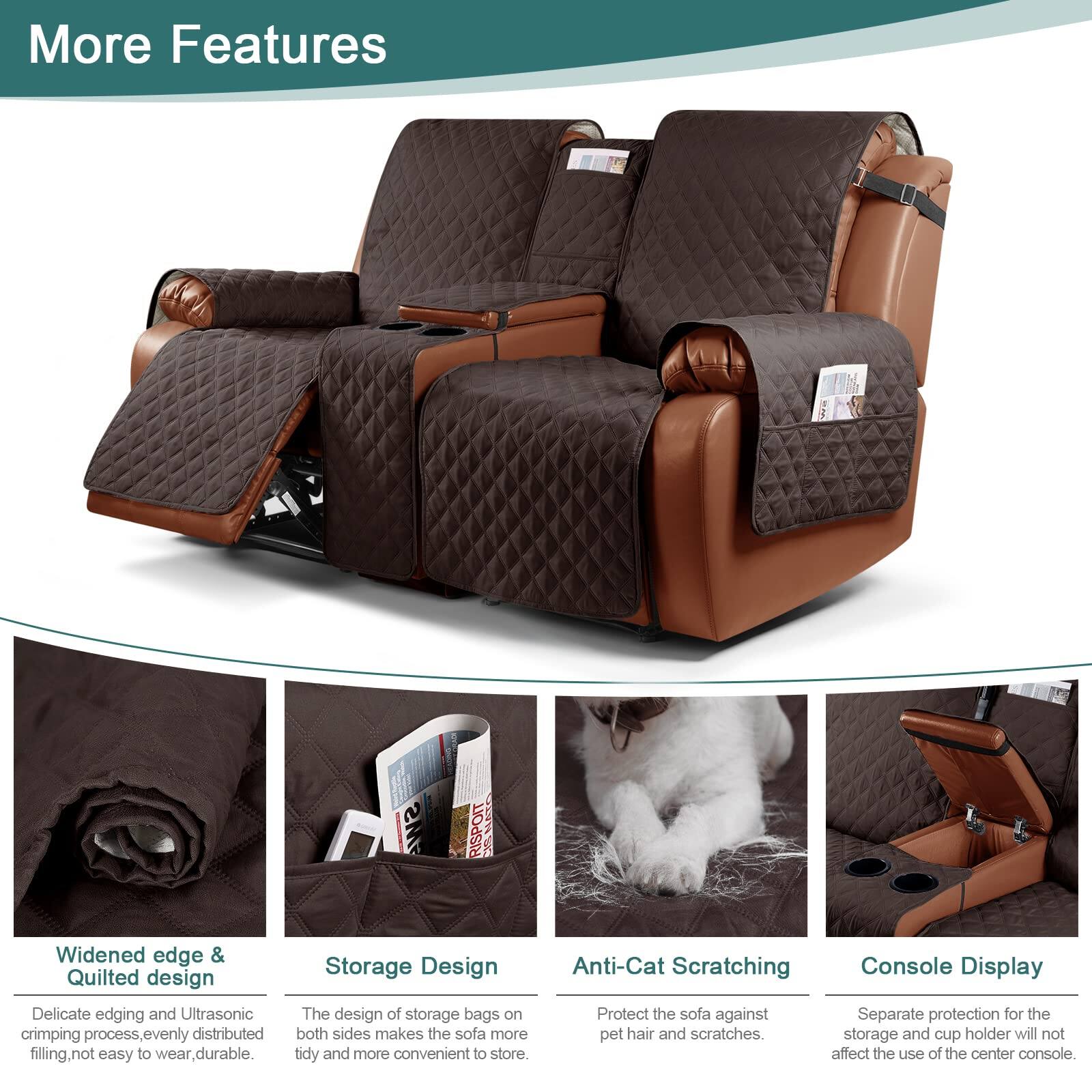 More Features

- **Widened edge & Quilted design**  
  Delicate edging and Ultrasonic crimping process, evenly distributed filling, not easy to wear, durable.

- **Storage Design**  
  The design of storage bags on both sides makes the sofa more tidy and more convenient to store.

- **Anti-Cat Scratching**  
  Protect the sofa against pet hair and scratches.

- **Console Display**  
  Separate protection for the storage and cup holder will not affect the use of the center console.