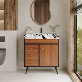 Loheer - 30 inch freestanding bathroom vanity with sintered stone vanity top and ceramic sink - Walnut