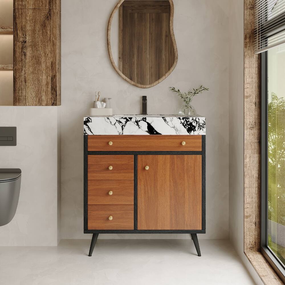 Front. Loheer - Loheer 30 inch freestanding bathroom vanity with sintered stone vanity top and ceramic sink - Walnut.
