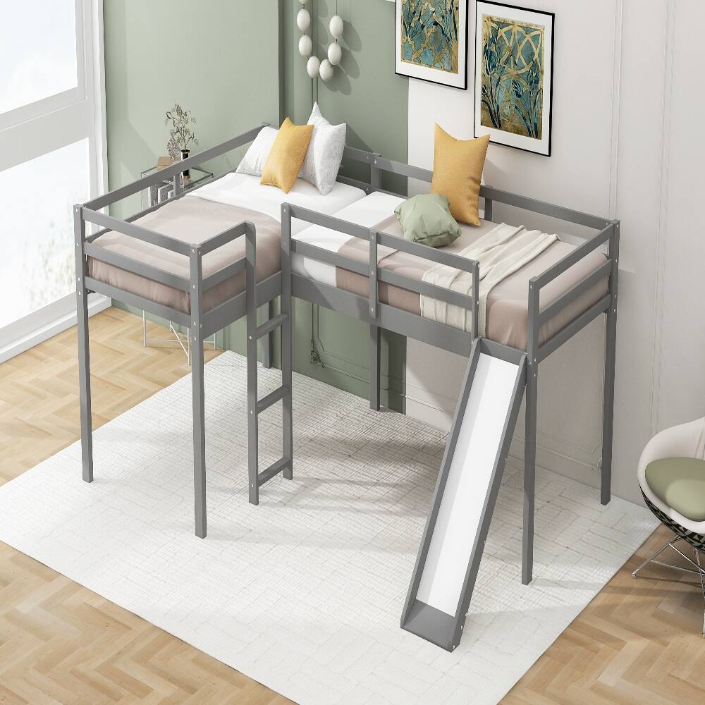 Left. Loheer - Loheer L-Shaped Twin Loft Bed with Slide and Ladder, Corner Loft Bed Frame for Kids, Solid Pine Wood, Gray - Gray.