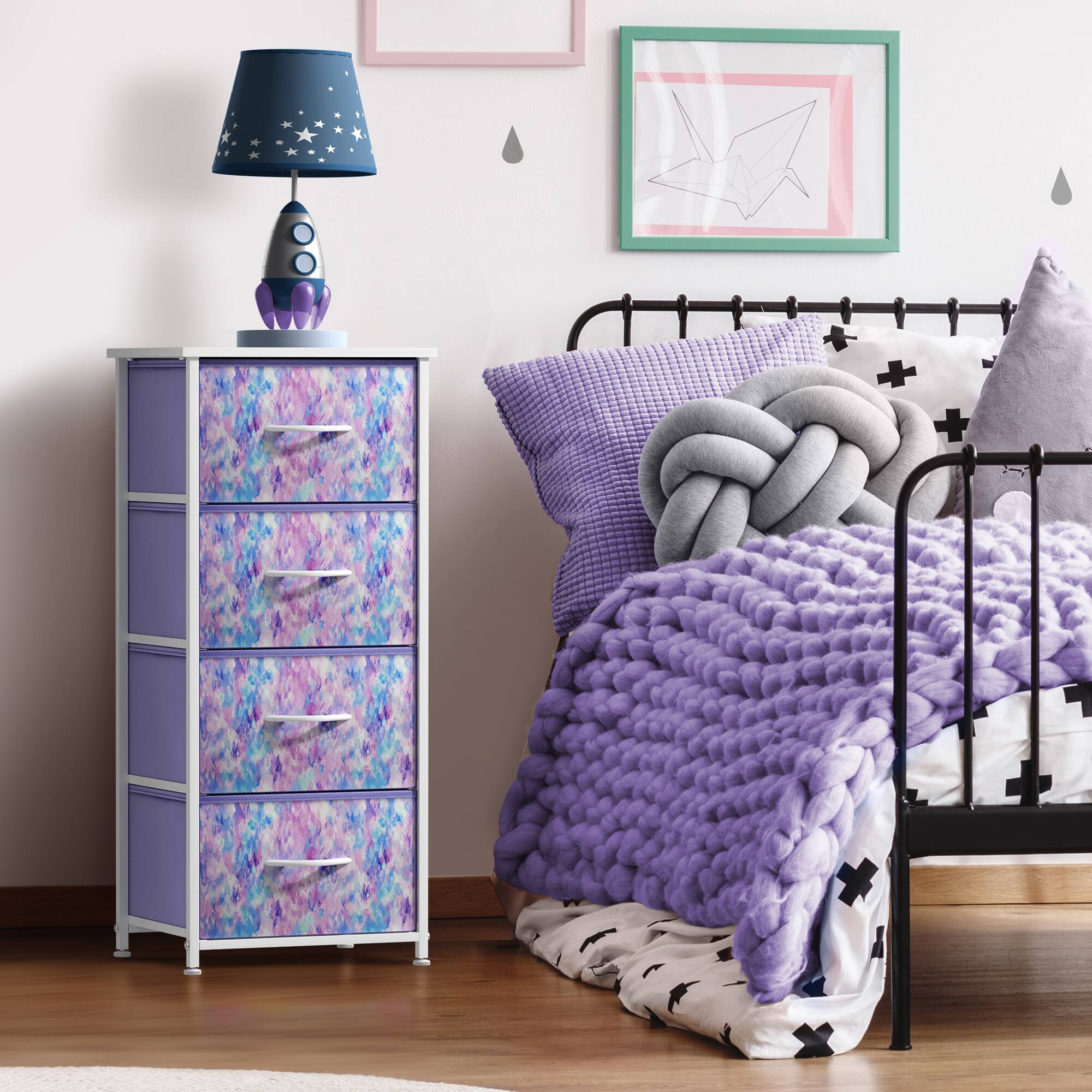Alt View 1. Sorbus - Sorbus Nightstand with 4 Drawers, Bedside Furniture & Night Stand Dresser with Steel Frame, Wood Top, Fabric Bins - Purple Tie-Dye.