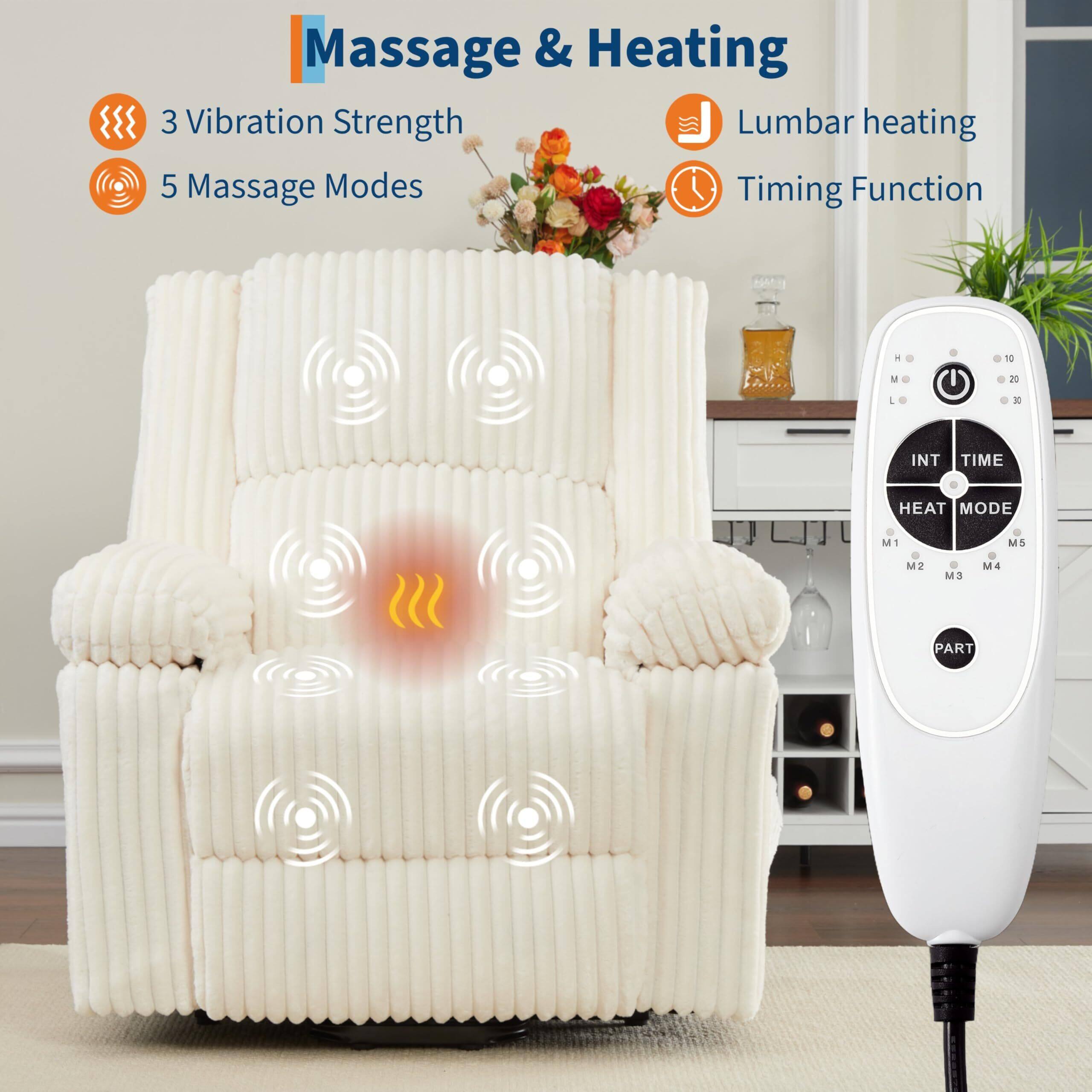 Massage & Heating

- 3 Vibration Strength
- 5 Massage Modes
- Lumbar heating
- Timing Function

INT TIME
HEAT MODE
M1 M2 M3 M4 M5

PART