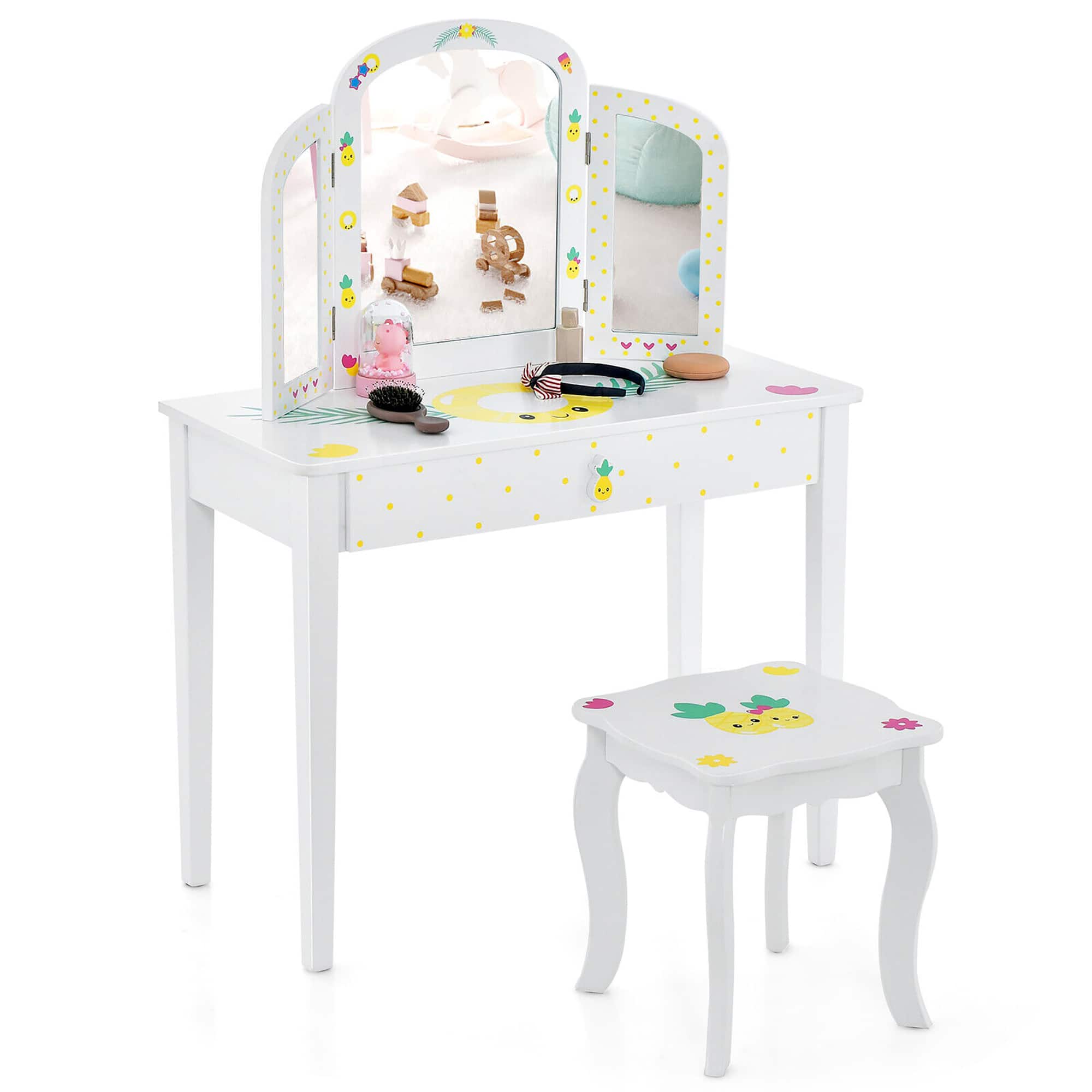 Gymax - Kids Vanity Table Set Tri-Folding Mirror Pretend Play Dressing Large Drawer - White price history on PriceWatchPro