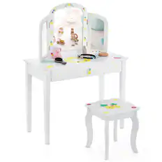 Front. Gymax - Gymax Kids Vanity Table Set Tri-Folding Mirror Pretend Play Dressing Large Drawer - White.
