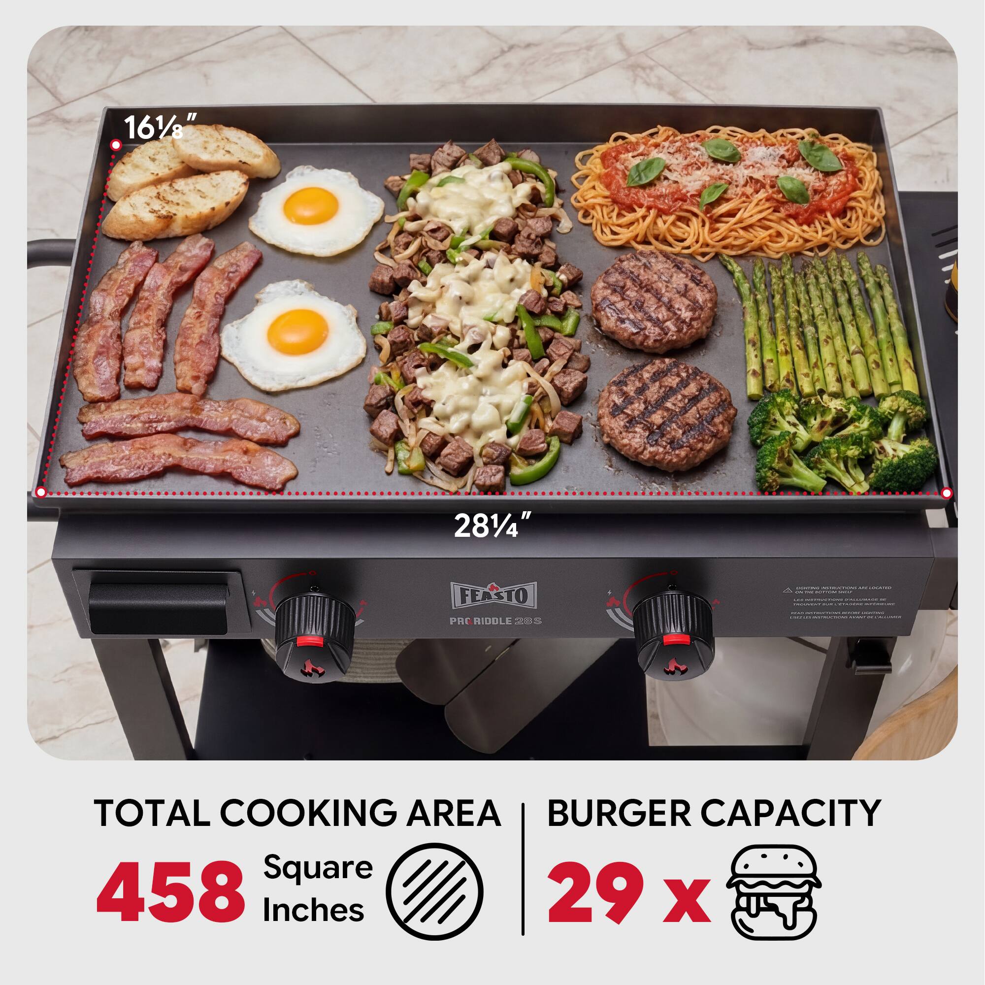 16 1/2" x 28 1/4" FEASTO PRO RIDGE 202 DOUBLE 8 S

TOTAL COOKING AREA: 458 Square Inches

BURGER CAPACITY: 29 x