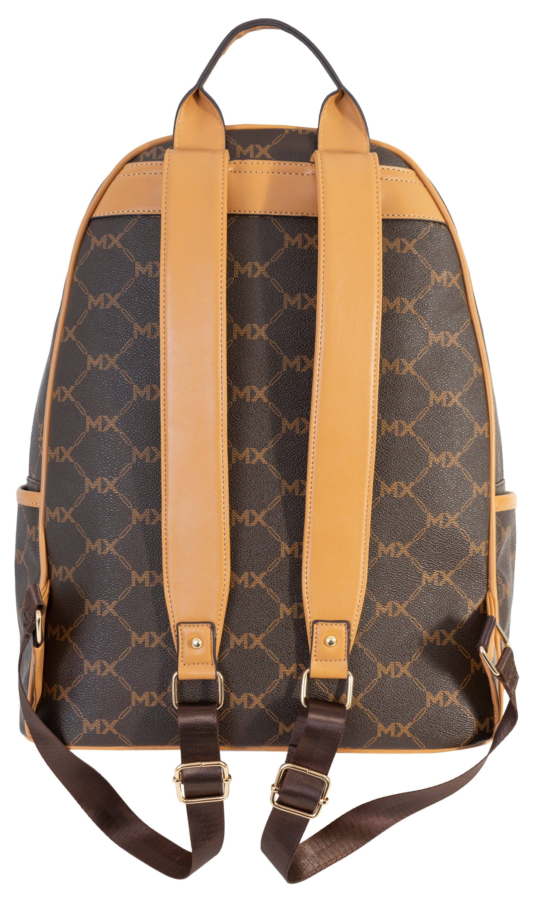 Angle. Max Studio - Max Studio 17 Inch Pebble Grain Signature Print Backpack - Chocolate Brown/Tan - Chocolate Brown/Tan.