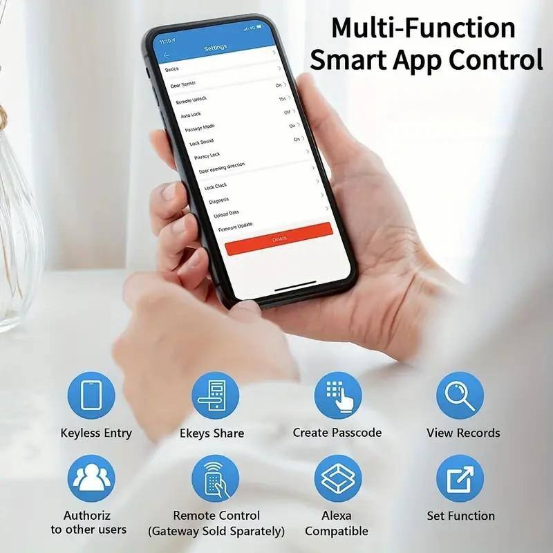 M0 VG 11104 Settings Sesics Geer Senser Romote Unicel Aia ia Pastage Shade Leck Sound PHacy Leca opering Grestion Supear Leck Ciock Diagnosis Unisad Data Femare Updata Multi-Function 3 Smart App Control Dn 1e OF Cu De 3 Deiete Keyless Entry Ekeys Share Create Passcode View Records Authoriz Remote Control Alexa to other users (Gateway Sold Sparately) Compatible Set Function

Multi-Function Smart App Control

- Keyless Entry
- Ekeys Share
- Create Passcode
- View Records
- Authoriz to other users
- Remote Control (Gateway Sold Separately)
- Alexa Compatible
- Set Function