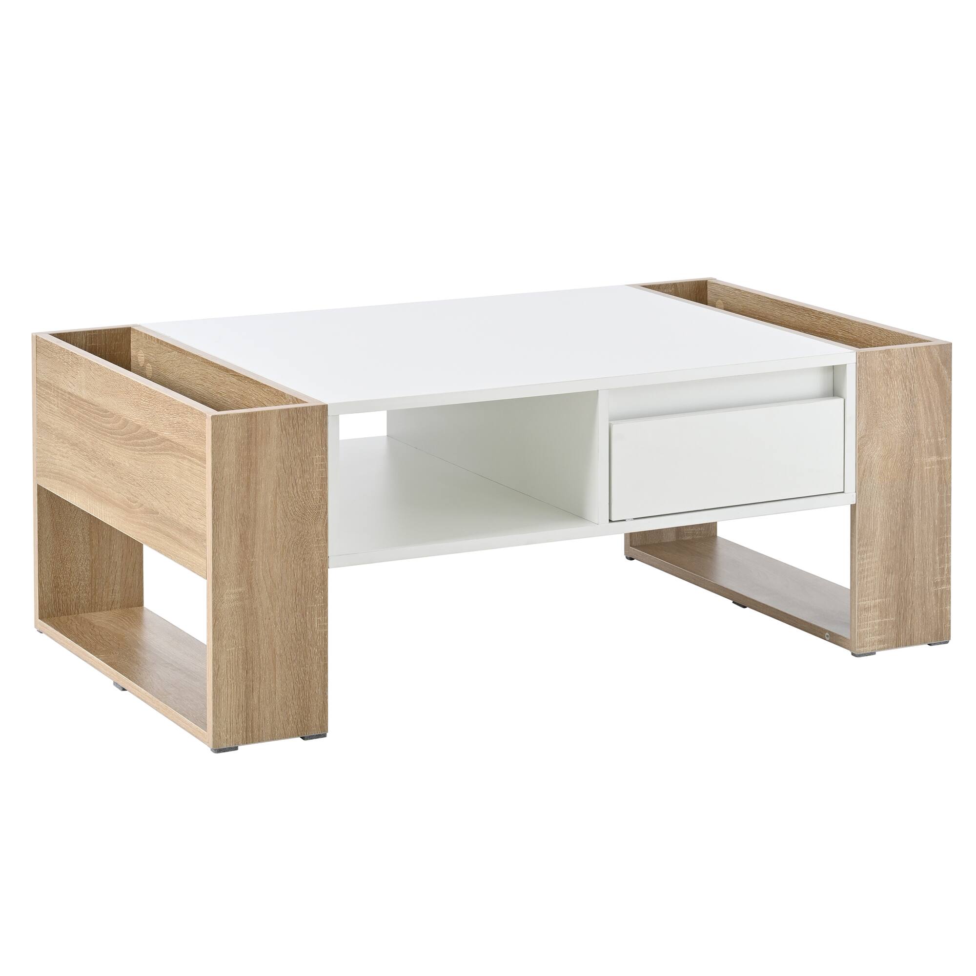 Alt View 6. Tiramisubest - High Glossy Coffee Table with 2 Drawers,Practical Two Tone Center Table with Hidden Compartments,Open Shelf,White - White+Natural.
