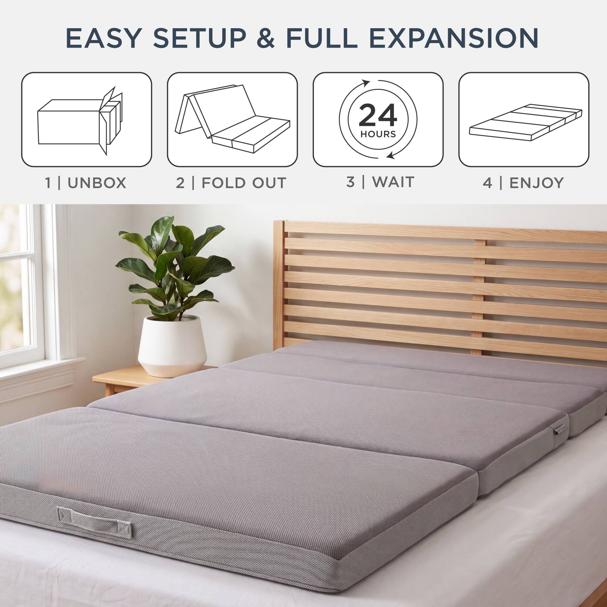 EASY SETUP & FULL EXPANSION

1 | UNBOX
2 | FOLD OUT
3 | WAIT
4 | ENJOY