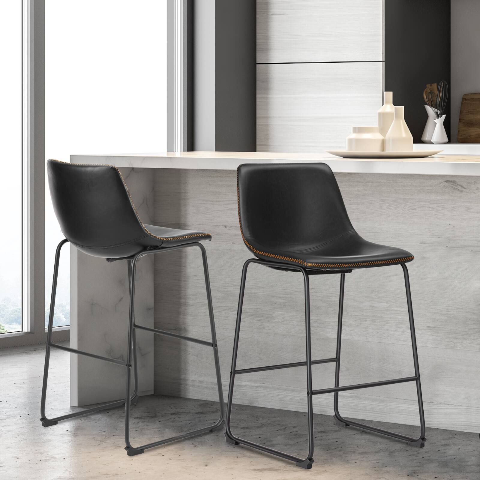 Alt View 2. PexFix - Industrial Bar Stools, Set of 2, Upholstery Armless Leather with Metal Legs, Footrest for Kitchen Island, Home Bar - Black.