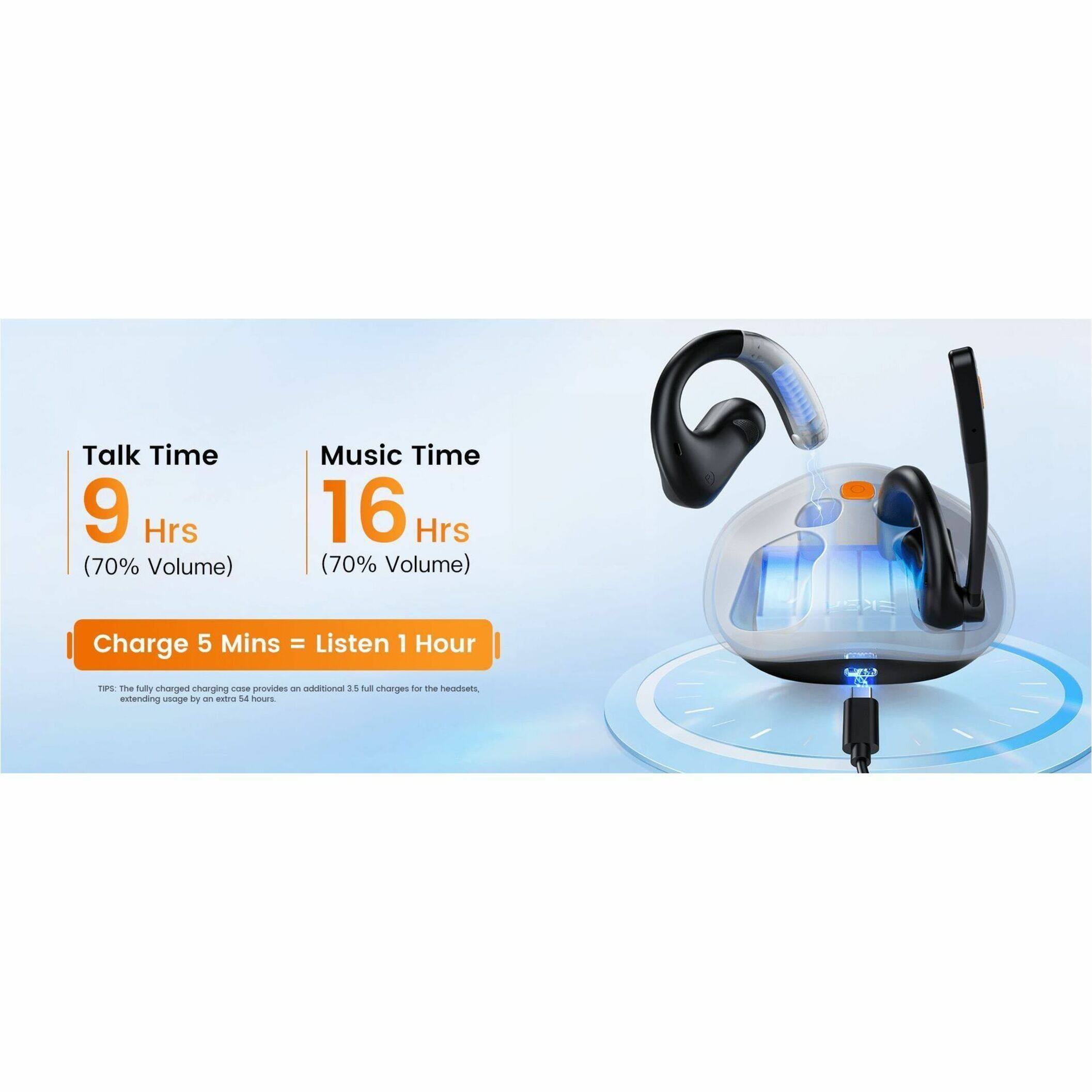 Talk Time: 9 hours (70% volume)
Music Time: 16 hours (70% volume)
Charge Time: 5 minutes = 1 hour of listening
PSE: 1 PSE provides 95 charges for the headsets, extending usage by 4 hours.