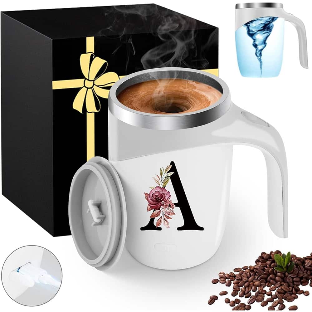 Schertz - Magnetic Stirring Coffee Mug, Insulated Stainless Steel, Large, Leak-Proof - White