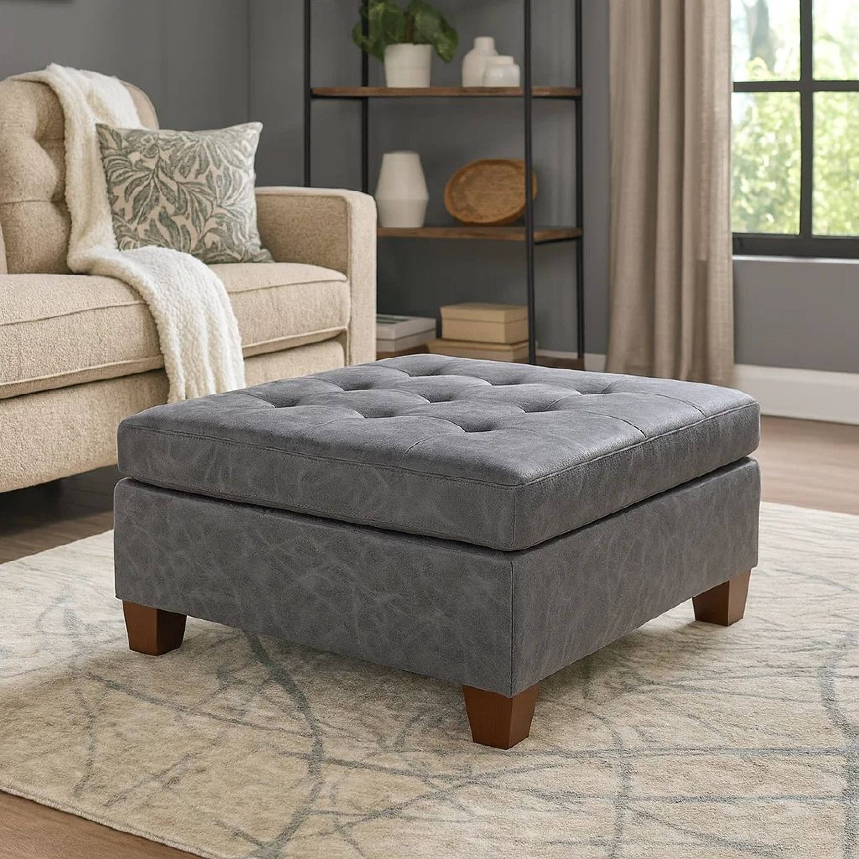 Alt View 5. Manhattan Lane - Contemporary Leatherette Rectangular tufted Ottoman - Gray.