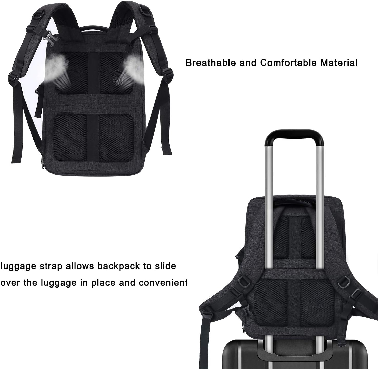 Breathable and Comfortable Material

luggage strap allows backpack to slide over the luggage in place and convenient