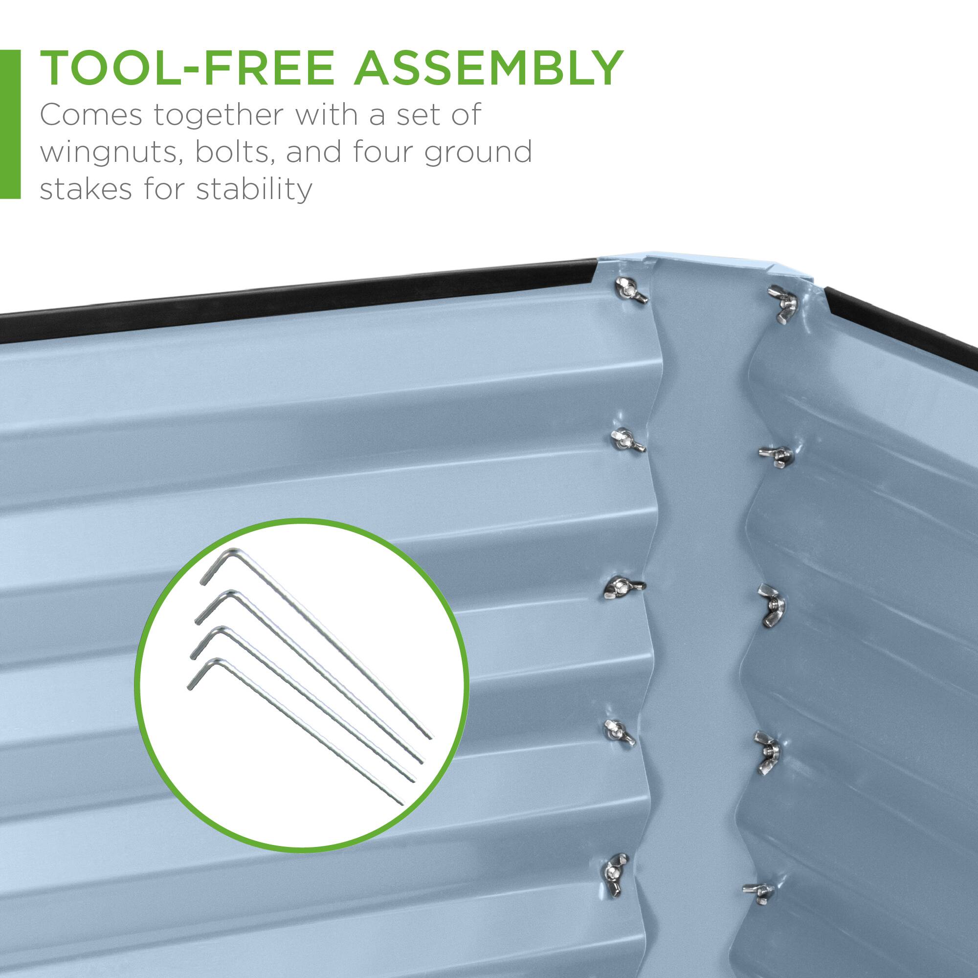 TOOL-FREE ASSEMBLY  
Comes together with a set of wingnuts, bolts, and four ground stakes for stability