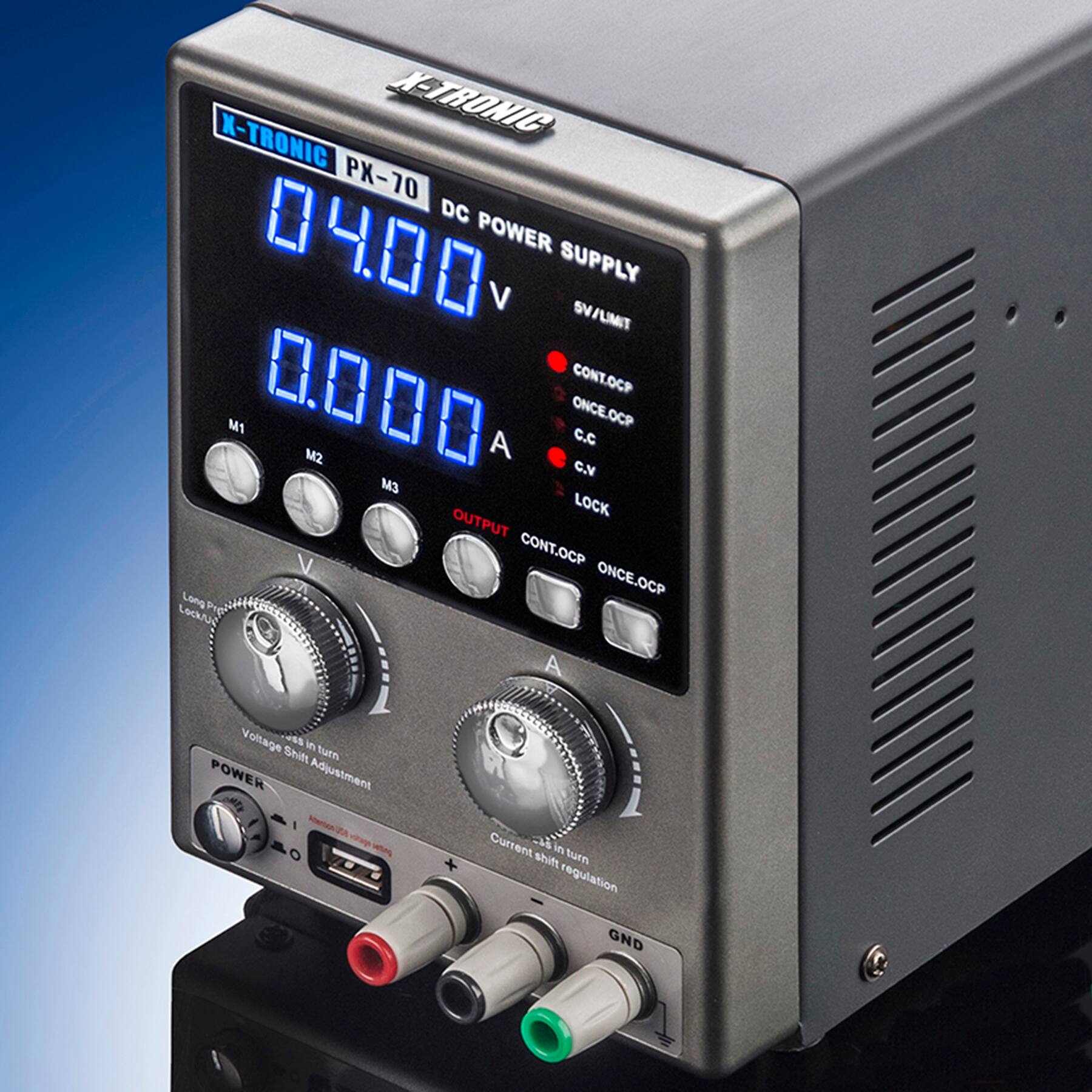 X-TRONIC PX-70 DC POWER SUPPLY  
04.00 V  
0.000 A  

5V/LIMIT  
CONT.OCP  
ONCE.OCP  
C.C  
C.V  
LOCK  

Voltage in Shift turn POWER Adjustment  
Current as in shift turn regulation GND