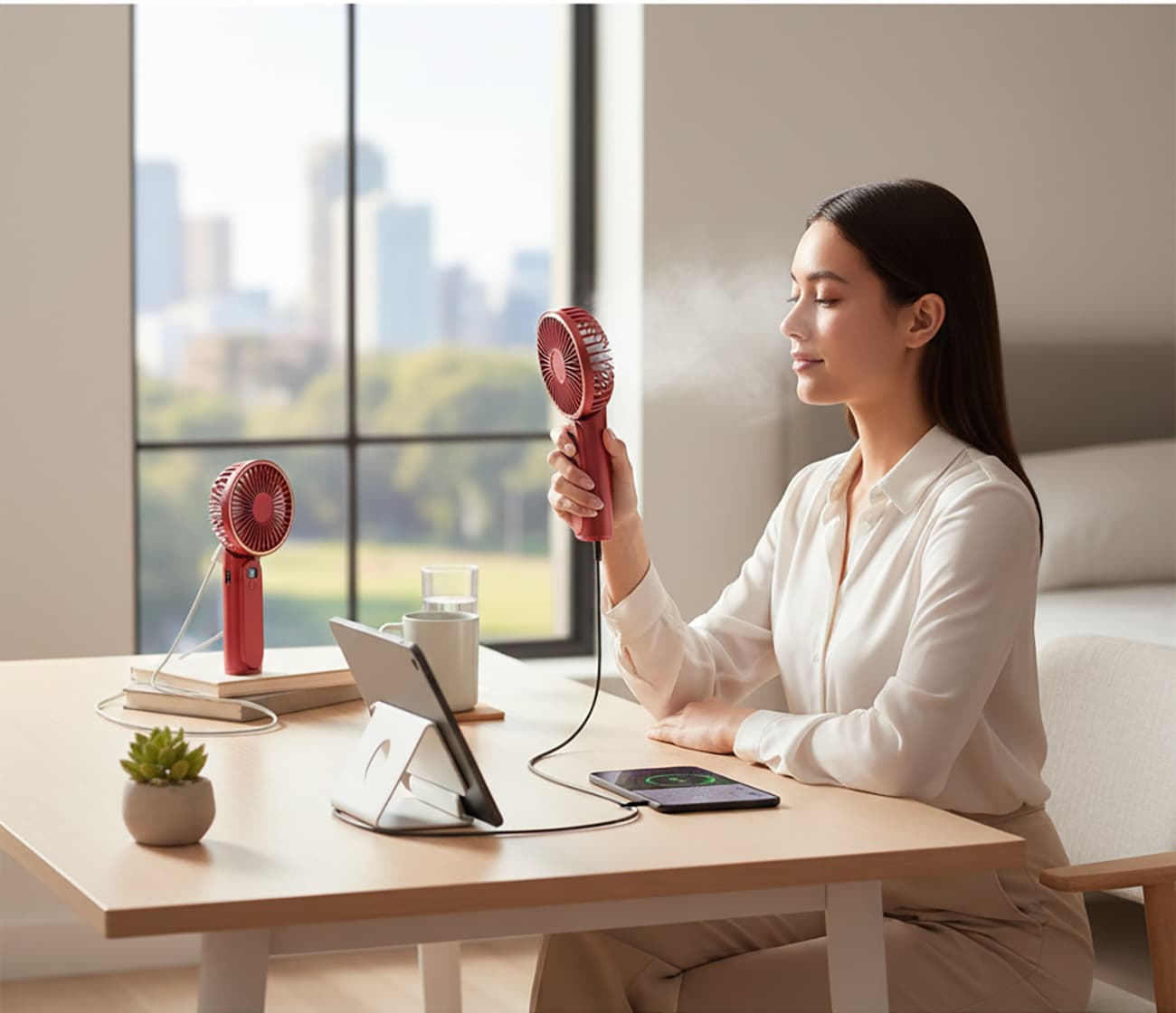 Alt View 4. FINEAK - Red 4000mAh Foldable Handheld Fan 6-Speed USB Rechargeable with Display.