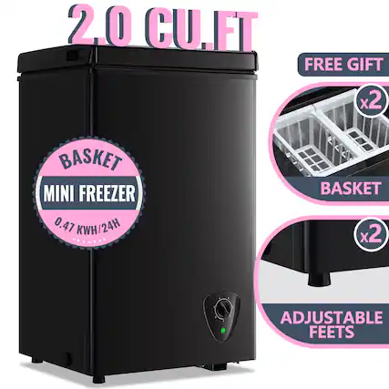 2.0 CU.FT FREE GIFT BASKET MINI FREEZER 0.47 KWH/24H
x2 BASKET
x2 ADJUSTABLE FEETS