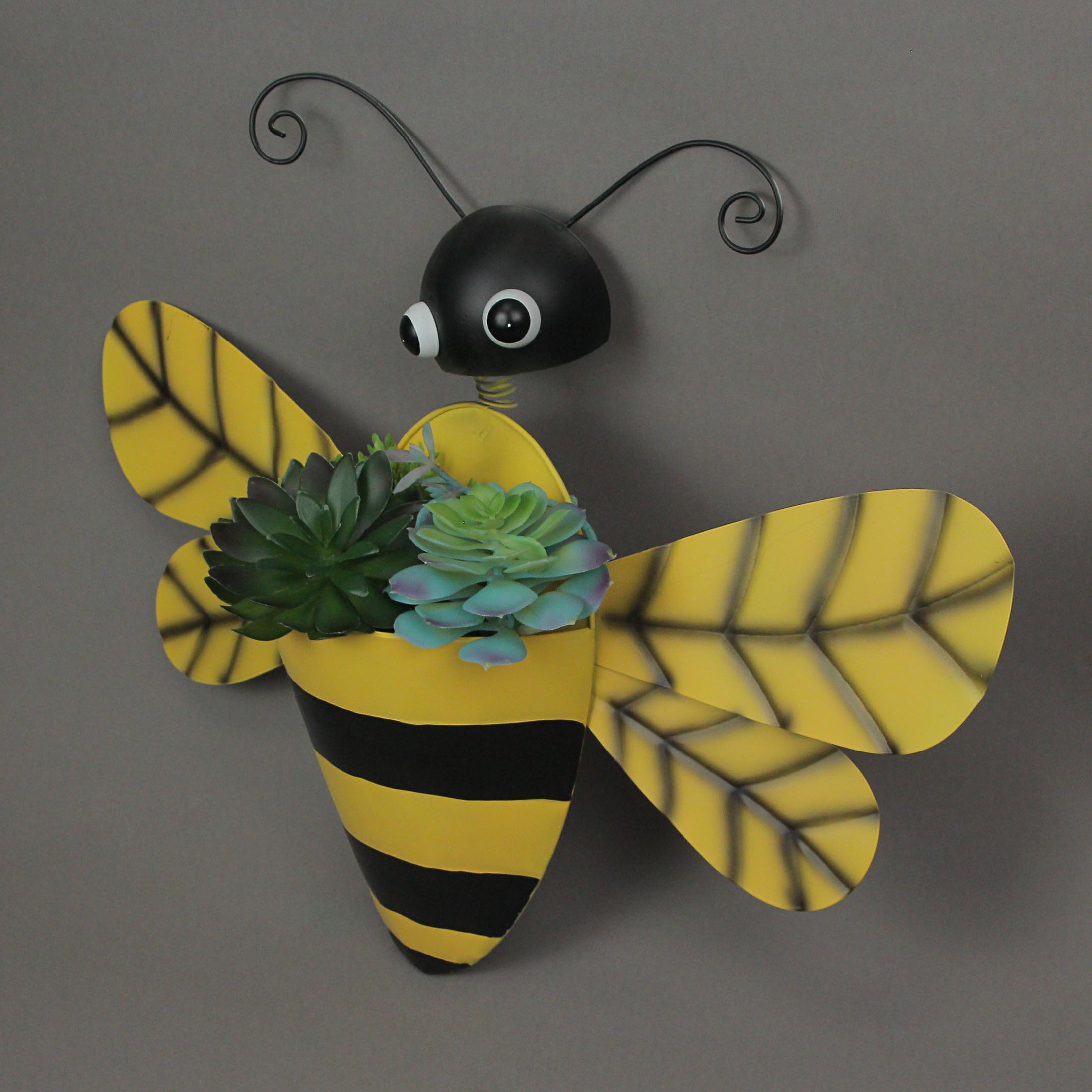 Alt View 1. Special T Imports - Black & Yellow Metal Bumble Bee Wall Pocket Planter Rustic Decorative Plant Vase - Yellow.
