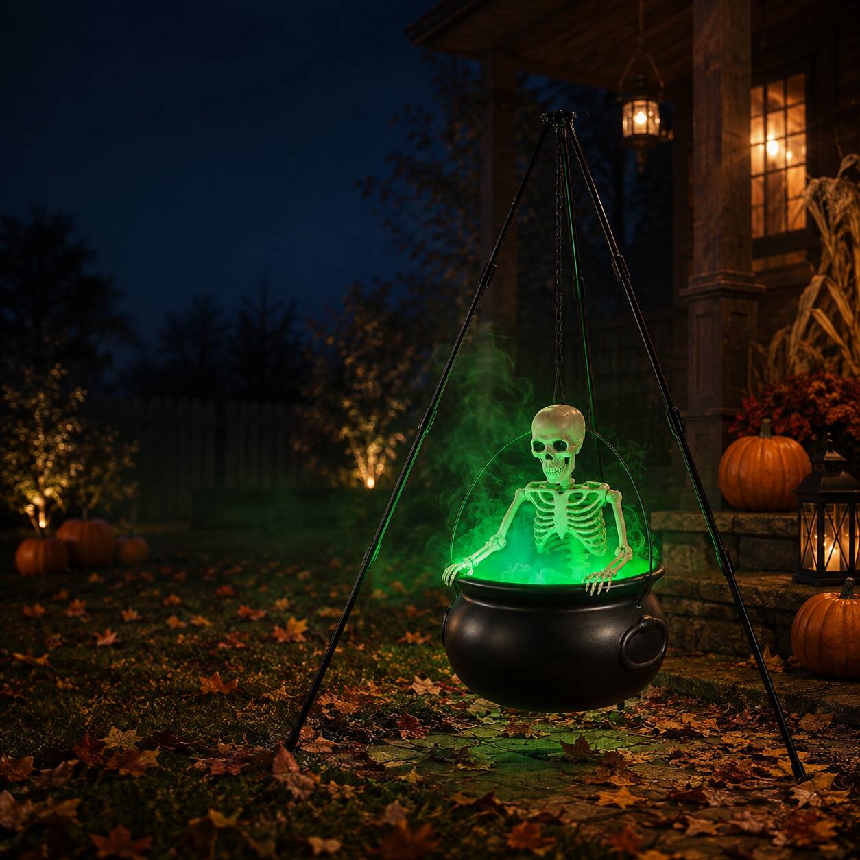 Alt View 6. FASCINATE - 52-in Lighted Witch Cauldron Tripod with Skeleton, Green LED Fog Maker and Splash Guard - Black.