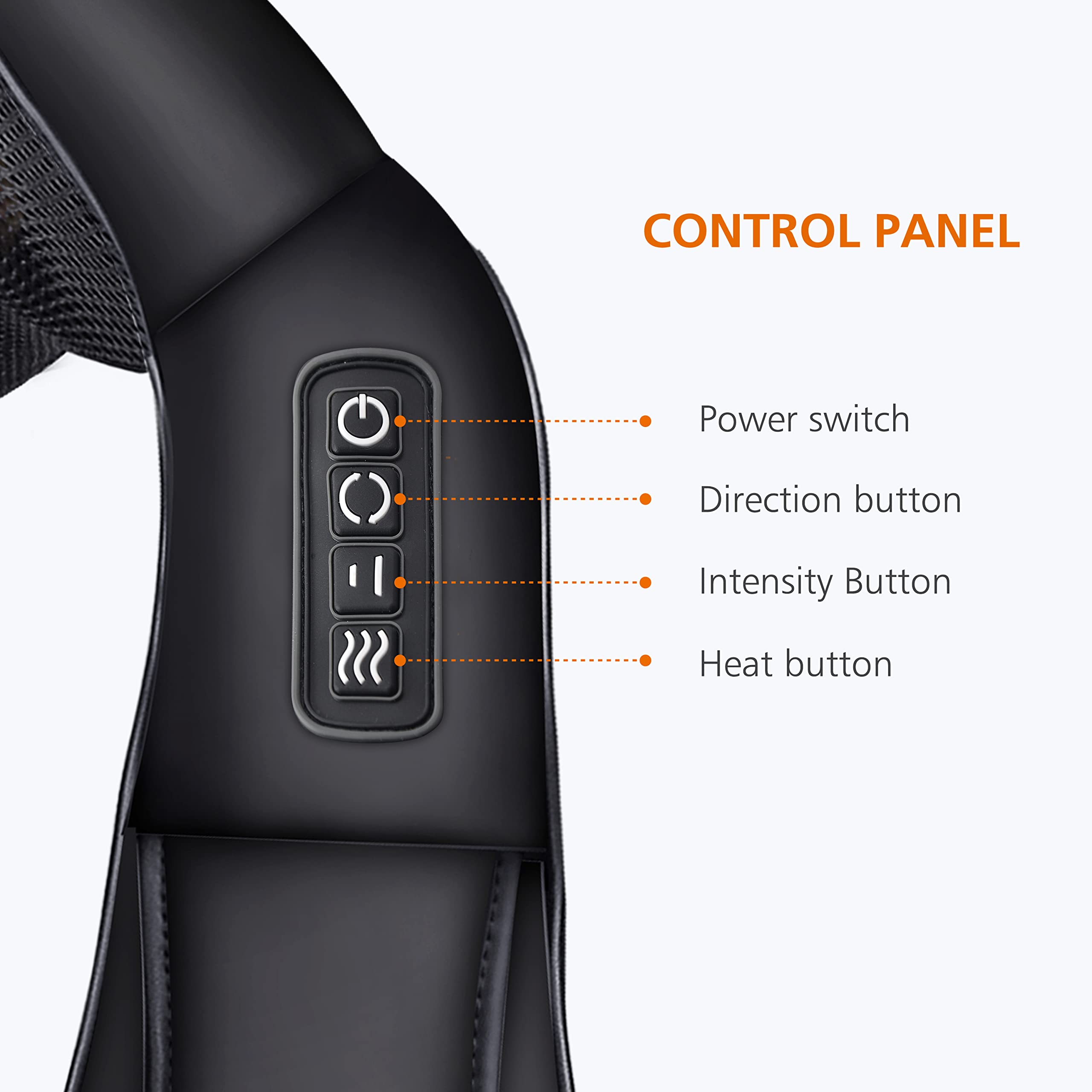 CONTROL PANEL  
- Power switch  
- Direction button  
- Intensity Button  
- Heat button