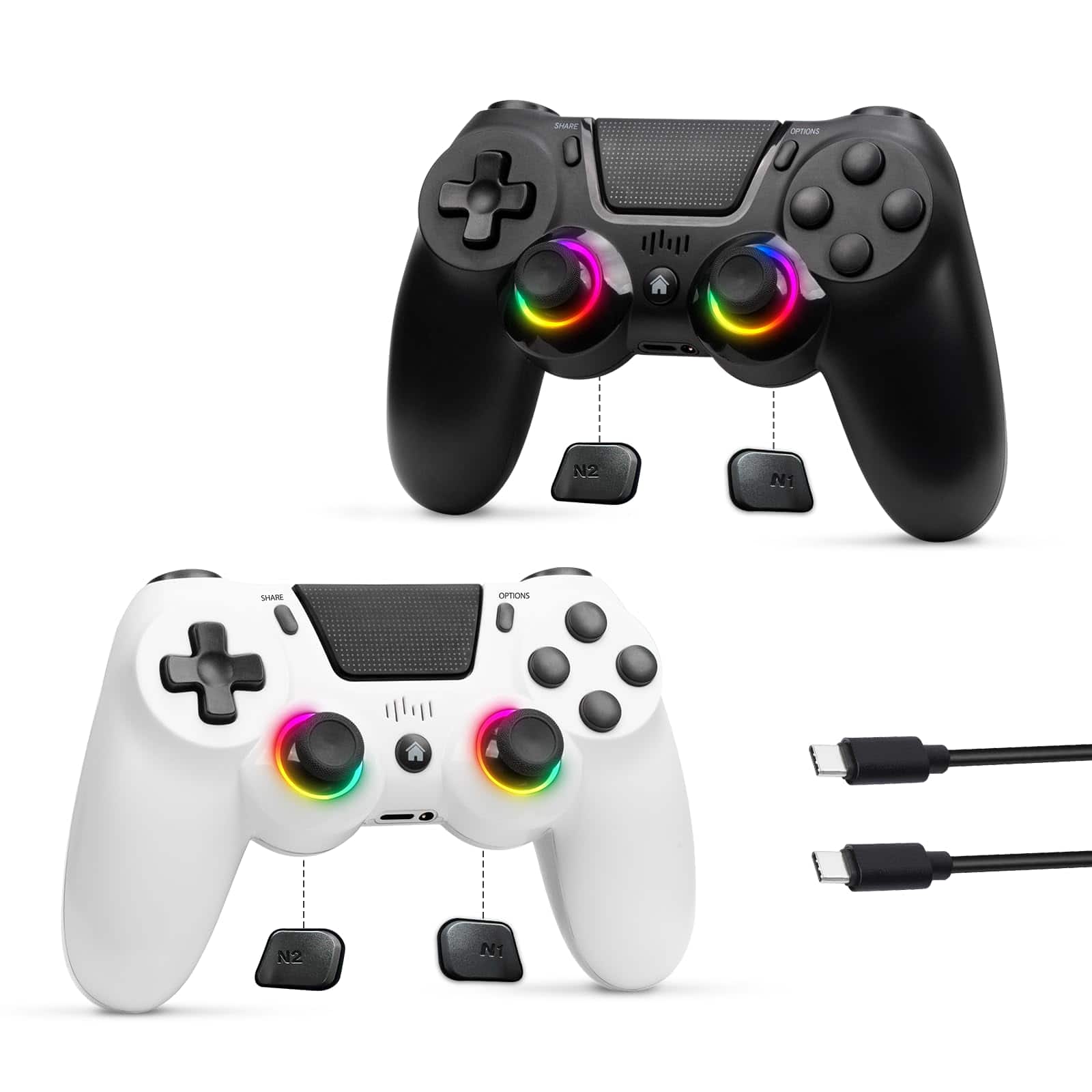 Dazzling Pops - ps4 controller game remote with ps4 slim pc rgb light 1000mah dual vibration axis gyro touch pad share - Black&White