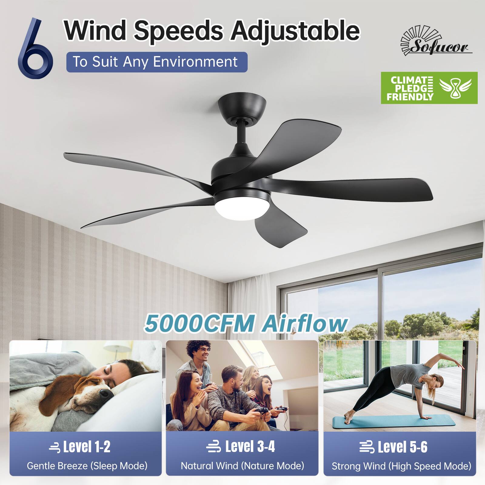 Wind Speeds Adjustable  
6 To Suit Any Environment  

CLIMATE PLEDGE FRIENDLY  

5000CFM Airflow  

Level 1-2: Gentle Breeze (Sleep Mode)  
Level 3-4: Natural Wind (Nature Mode)  
Level 5-6: Strong Wind (High Speed Mode)