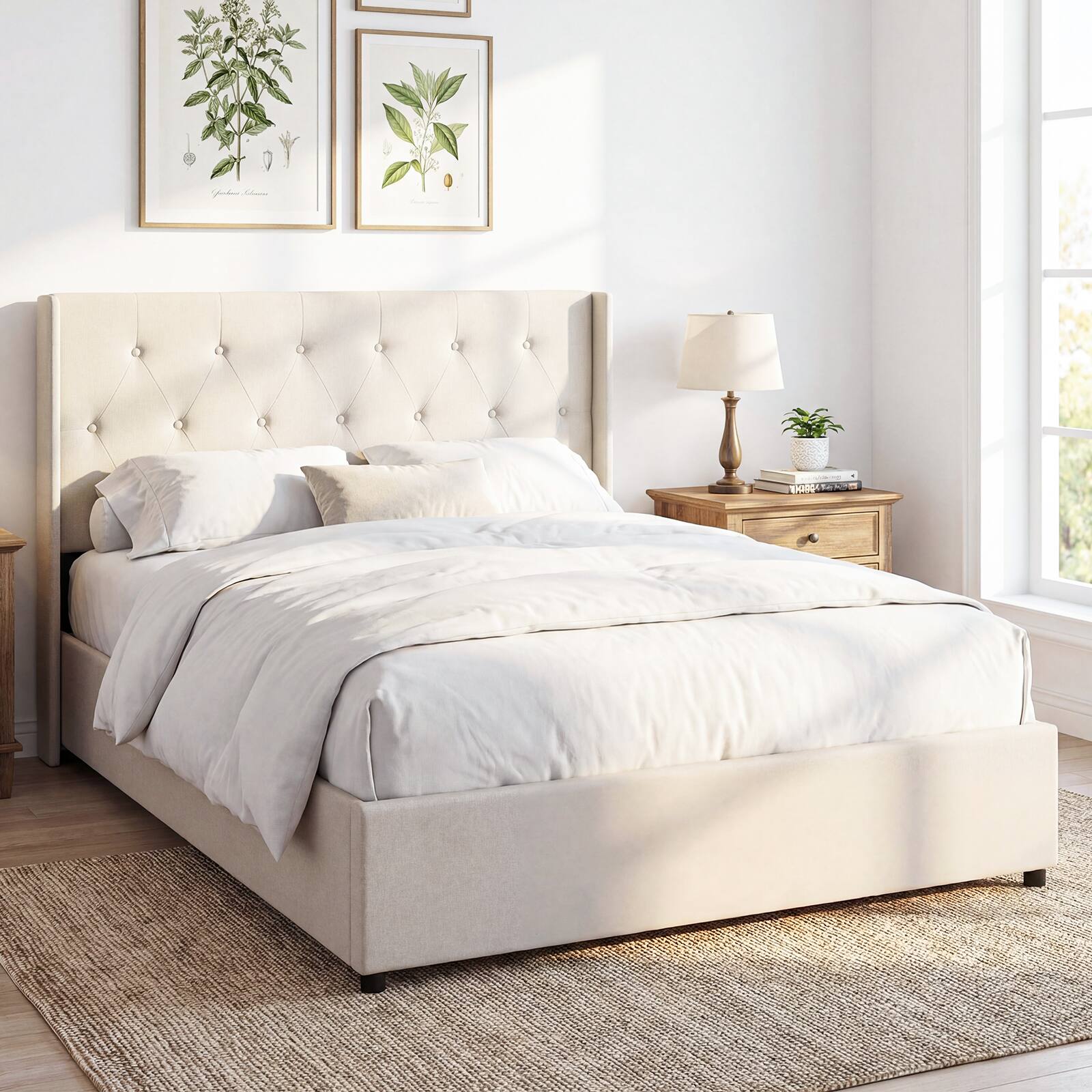 Alt View 1. Gymax - Gymax Queen Size Lift-up Storage Bed w/Tufted Wingback Headboard Hydraulic Lifts Beige - Beige.
