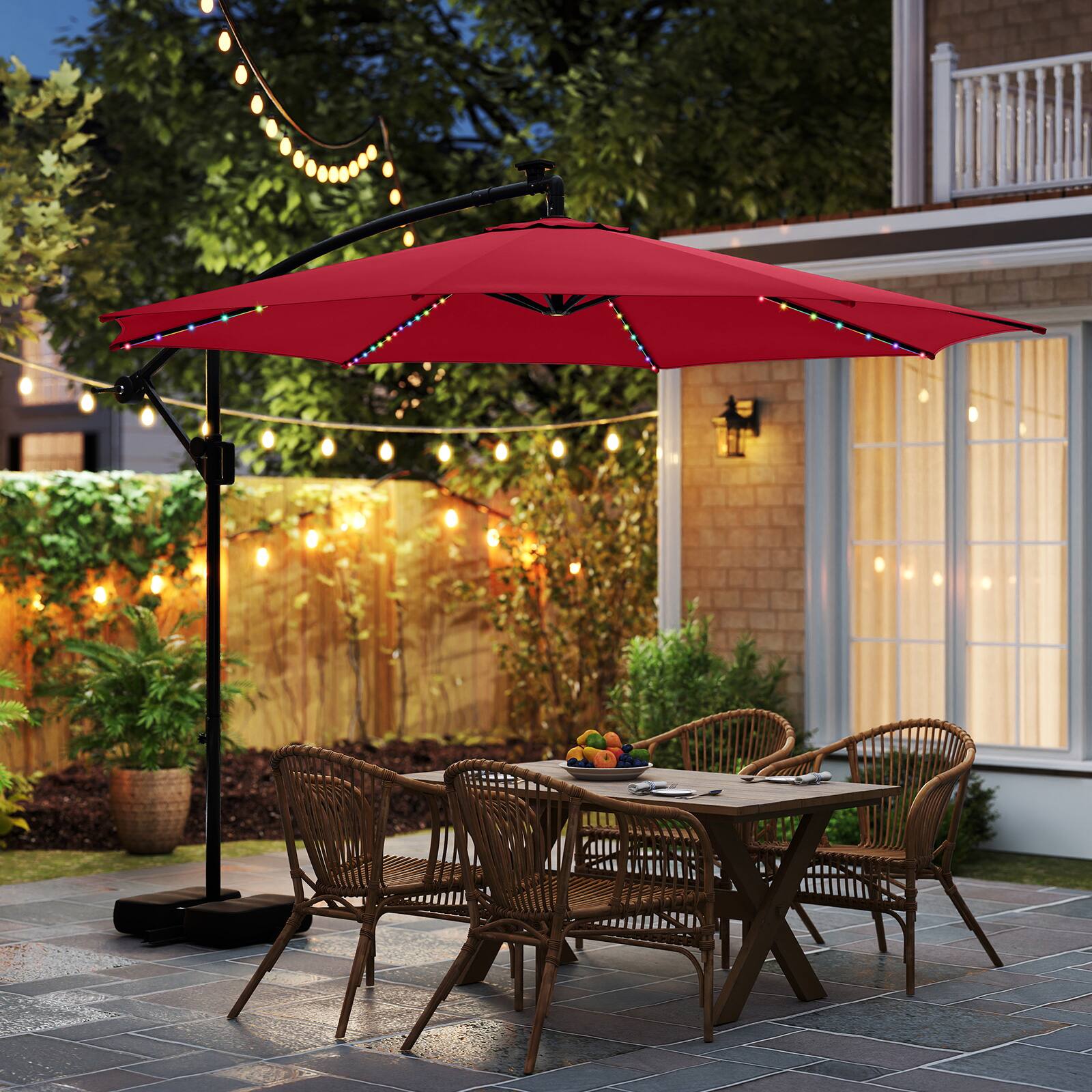 Alt View 1. Costway - Costway 10 FT Solar Offset Hanging Umbrella with 96 Solar Multi-colored Flowing LED Lights - Red.