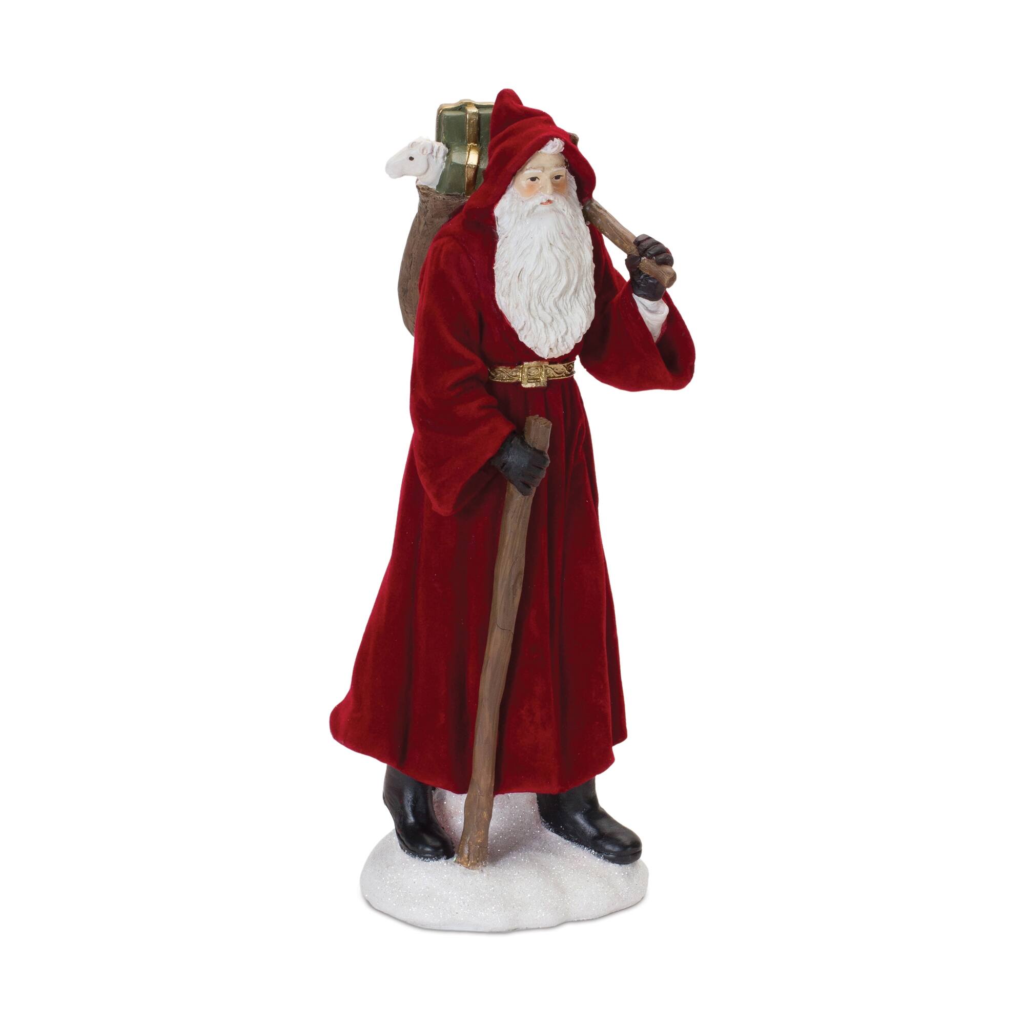 Left. BreeBe - Flocked Santa Figurine with Hood and Staff (Set of 2) - Red, White.