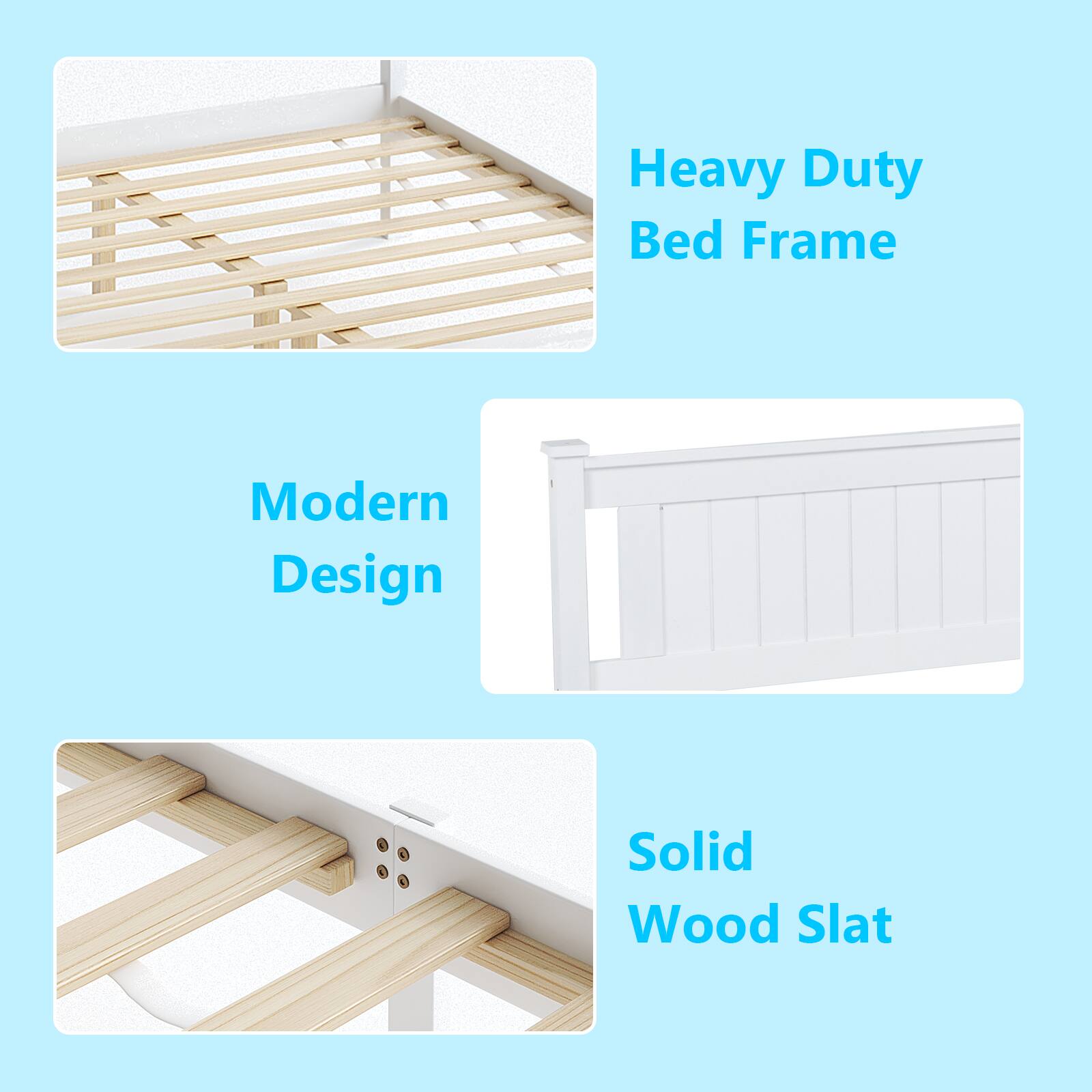 Heavy Duty Bed Frame  
Modern Design  
Solid Wood Slat