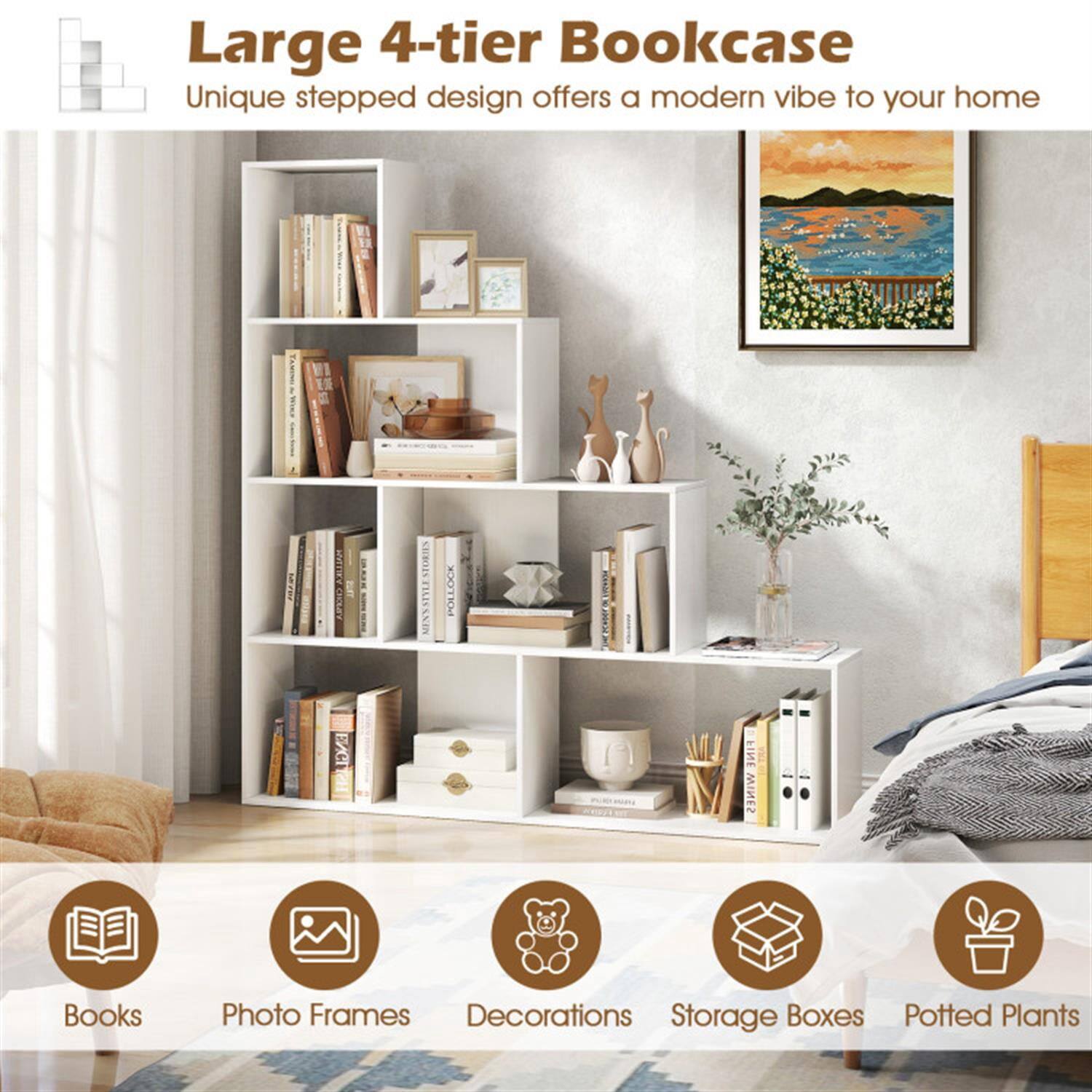 Large 4-tier Bookcase  
Unique stepped design offers a modern vibe to your home  

- Books  
- Photo Frames  
- Decorations  
- Storage Boxes  
- Potted Plants