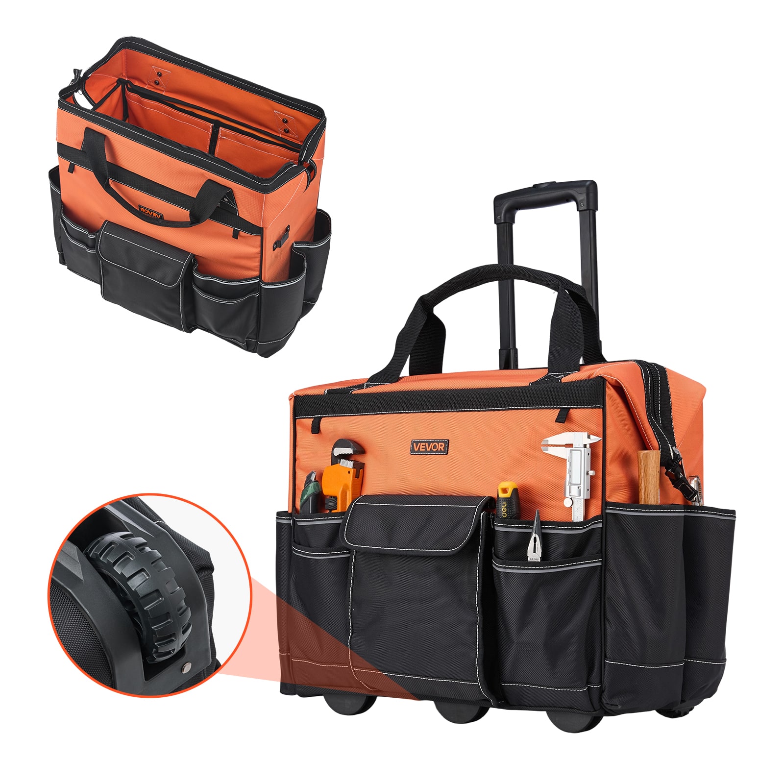 VEVOR - Rolling Tool Bag, 110 lbs Load Capacity, 27 Pockets Heavy Duty Roller Tool Bag on Wheels, Adjustable Telescoping Handle - Black,Orange