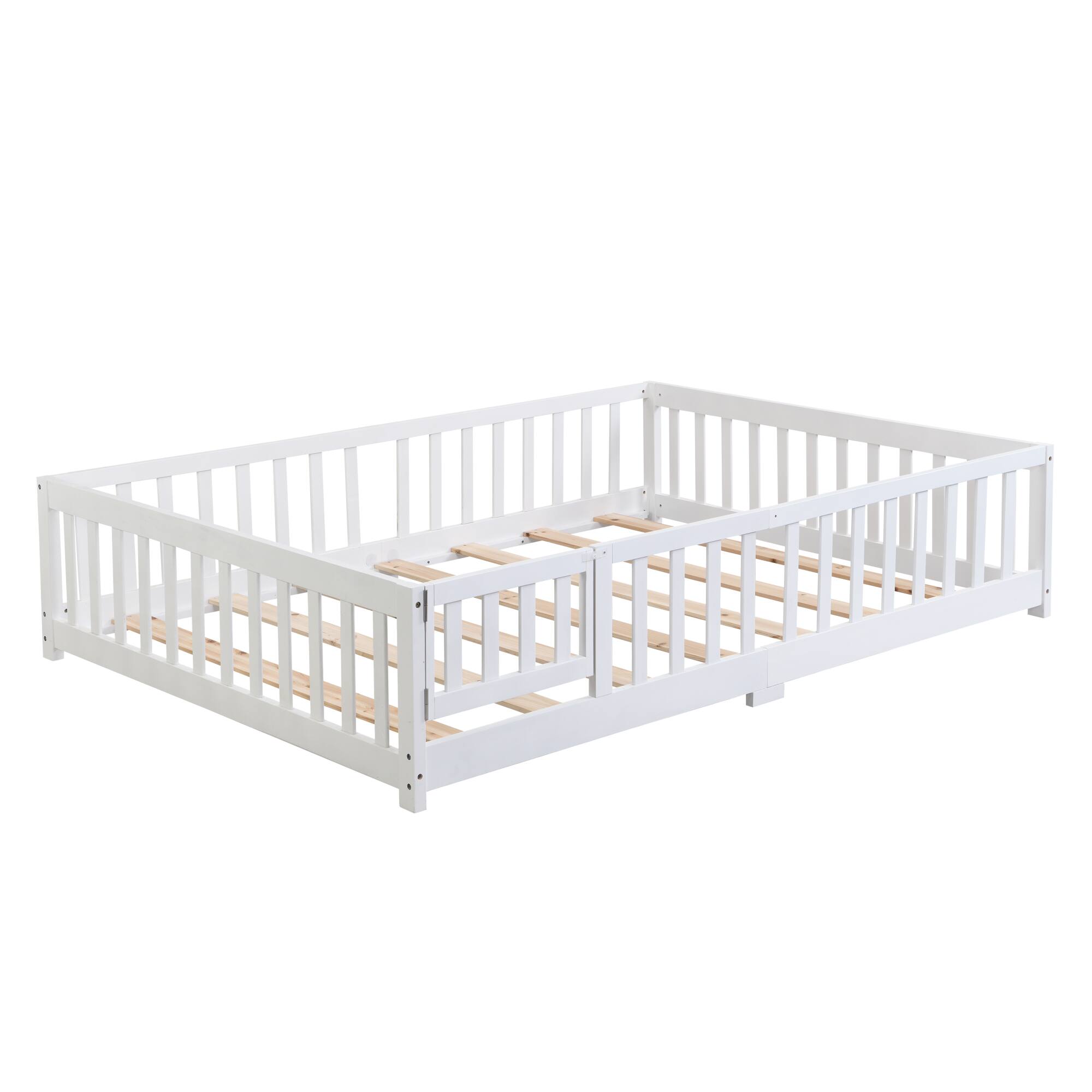 Alt View 1. GOODSILO - Twin Size Solid Wood Platform Floor Bed with Safety Guardrails and Door for Children's Room - White.