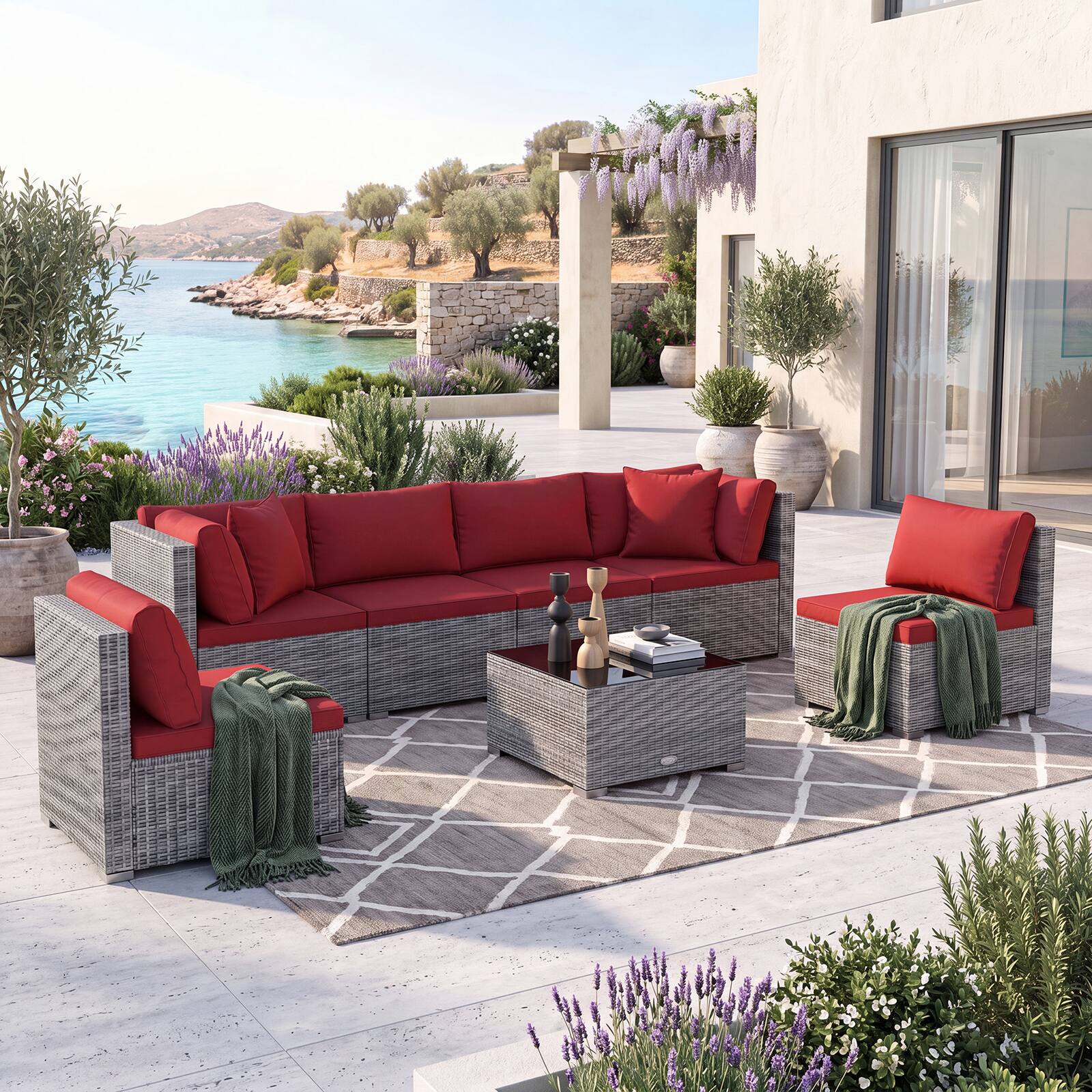 Alt View 5. Costway - 7PCS Patio Rattan Furniture Set Sectional Sofa Garden Cushion - Red.