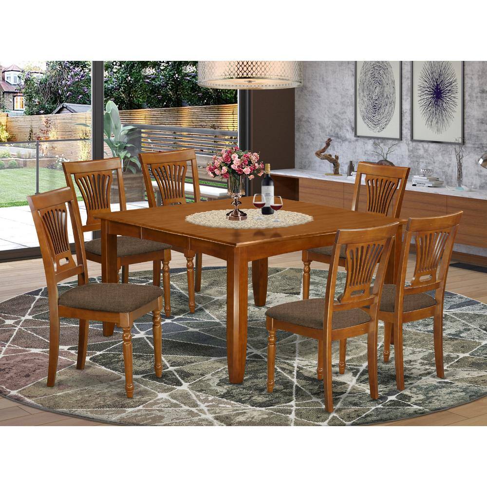 Left. East West Furniture - PFPL7-SBR-C 7 Pc Dining room set-Table with Leaf and 6 Kitchen Chairs. - Saddle Brown.