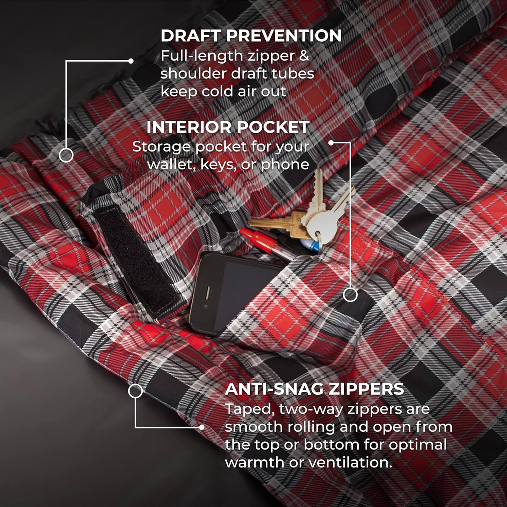 **DRAFT PREVENTION**  
Full-length zipper & shoulder draft tubes keep cold air out

**INTERIOR POCKET**  
Storage pocket for your wallet, keys, or phone

**ANTI-SNAG ZIPPERS**  
Taped, two-way zippers are smooth rolling and open from the top or bottom for optimal warmth or ventilation.